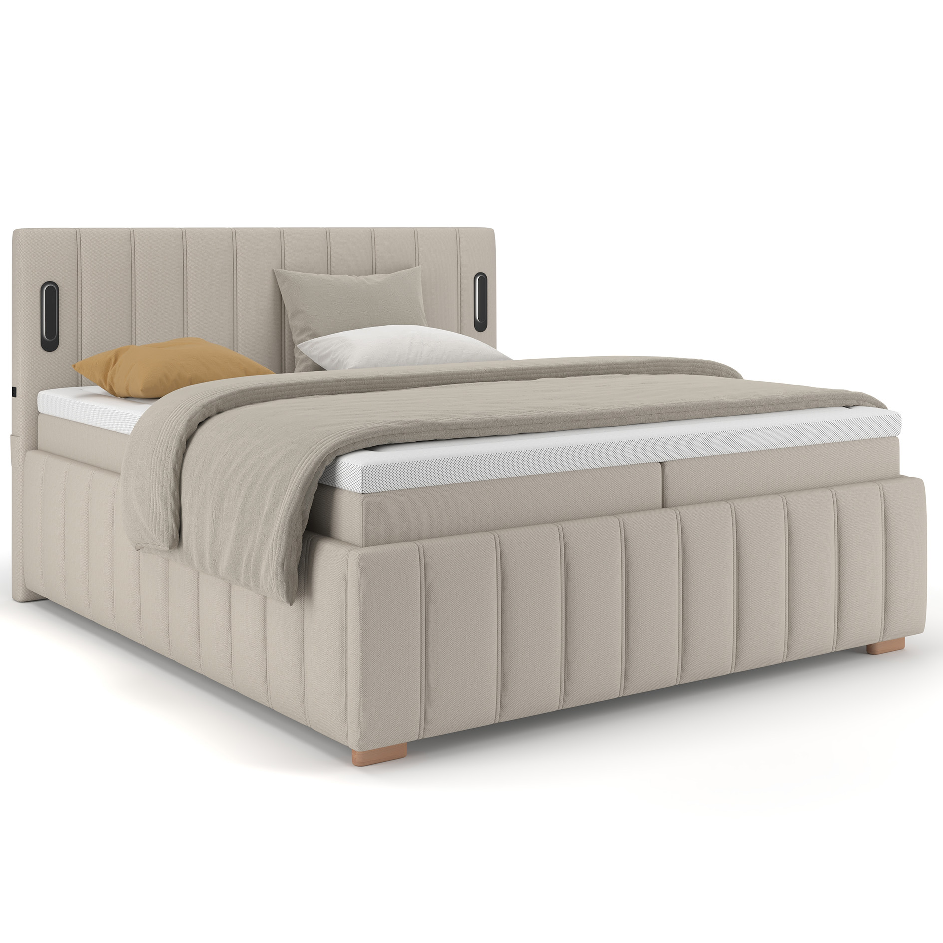 LED-Polsterbett - taupe - USB - mit Topper - Bettkasten - 160x200 cm