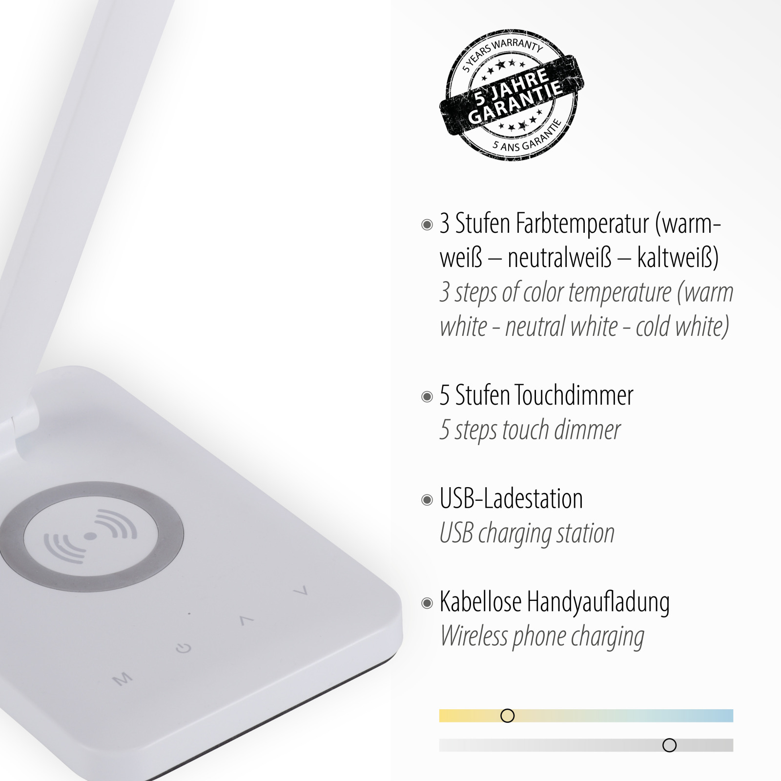 LED-Schreibtischleuchte  - weiß - dimmbar - Induktionsladen