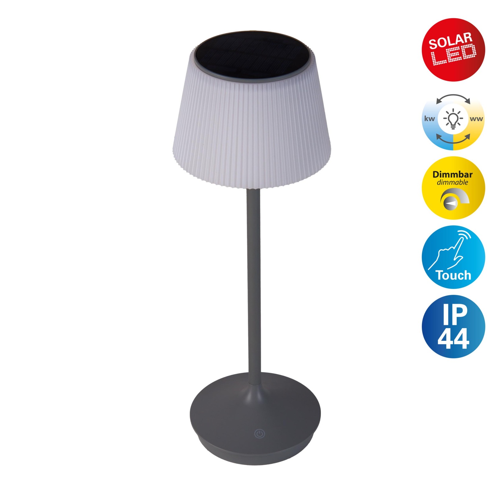 LED-Solar-Akkutischleuchte EMMI - grau-weiß - Touchdimmer - 38 cm