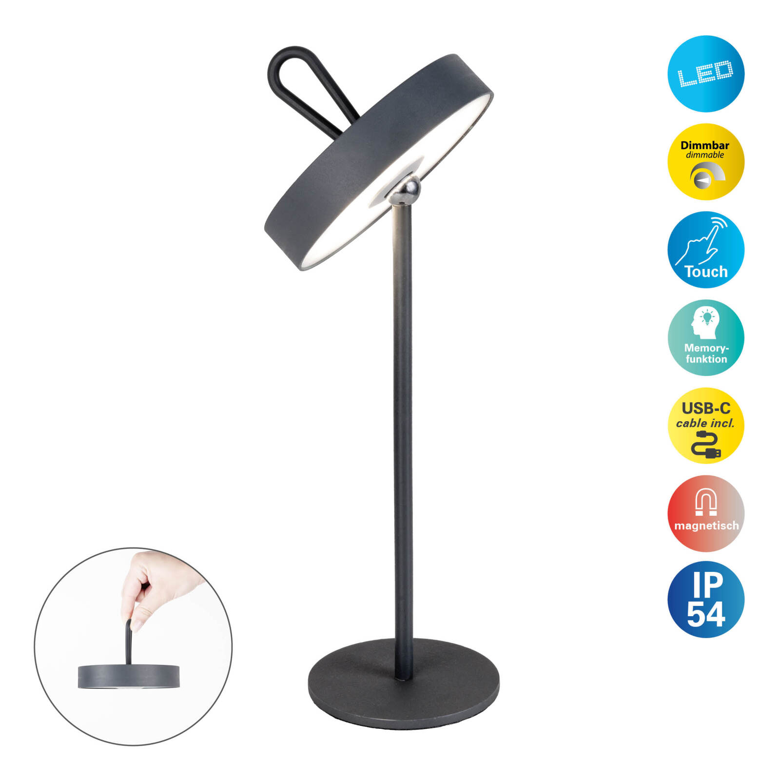 LED-Tischleuchte ELLA - grau - Akku - magnetisch - dimmbar
