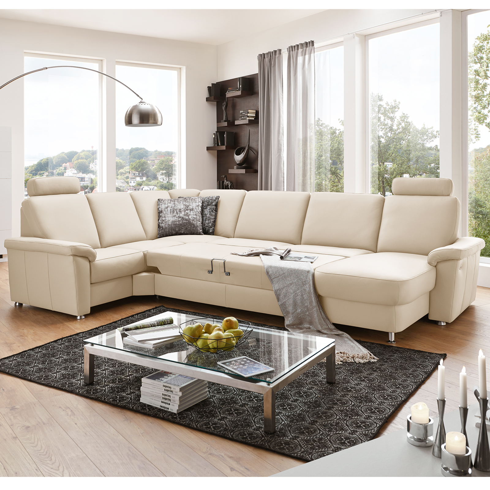 Ledersofa - ecru - mit Funktionen - Canapé rechts