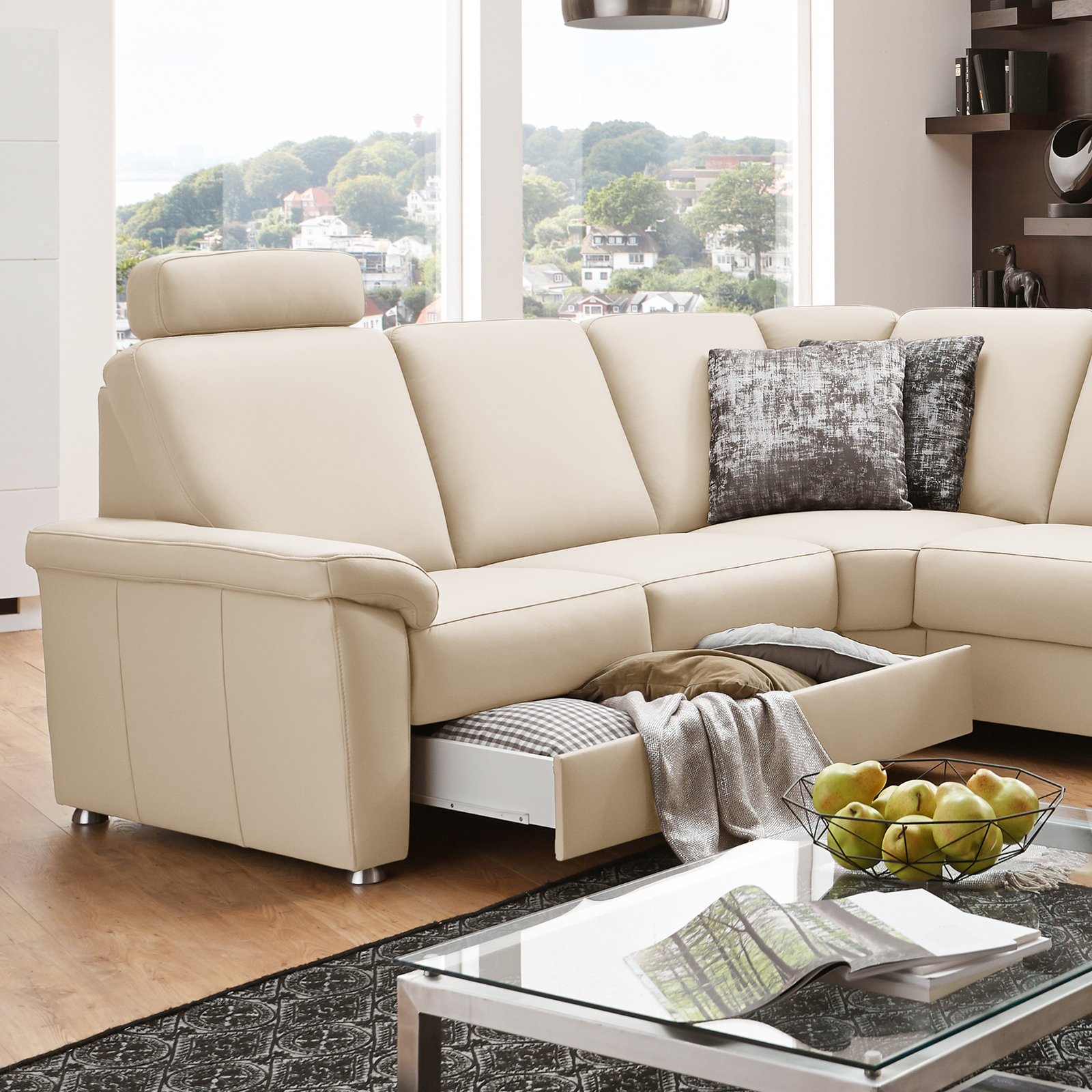 Ledersofa - ecru - mit Funktionen - Canapé rechts