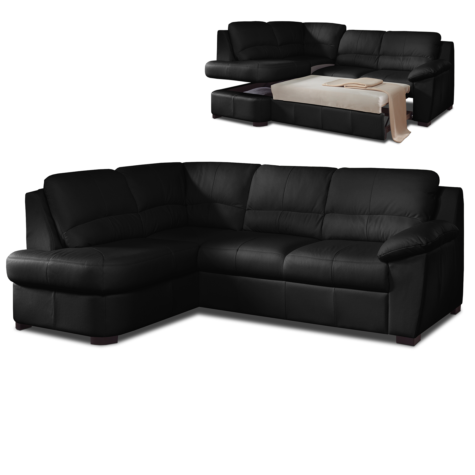 Ledersofa - schwarz - Liegefunktion - Ottomane links