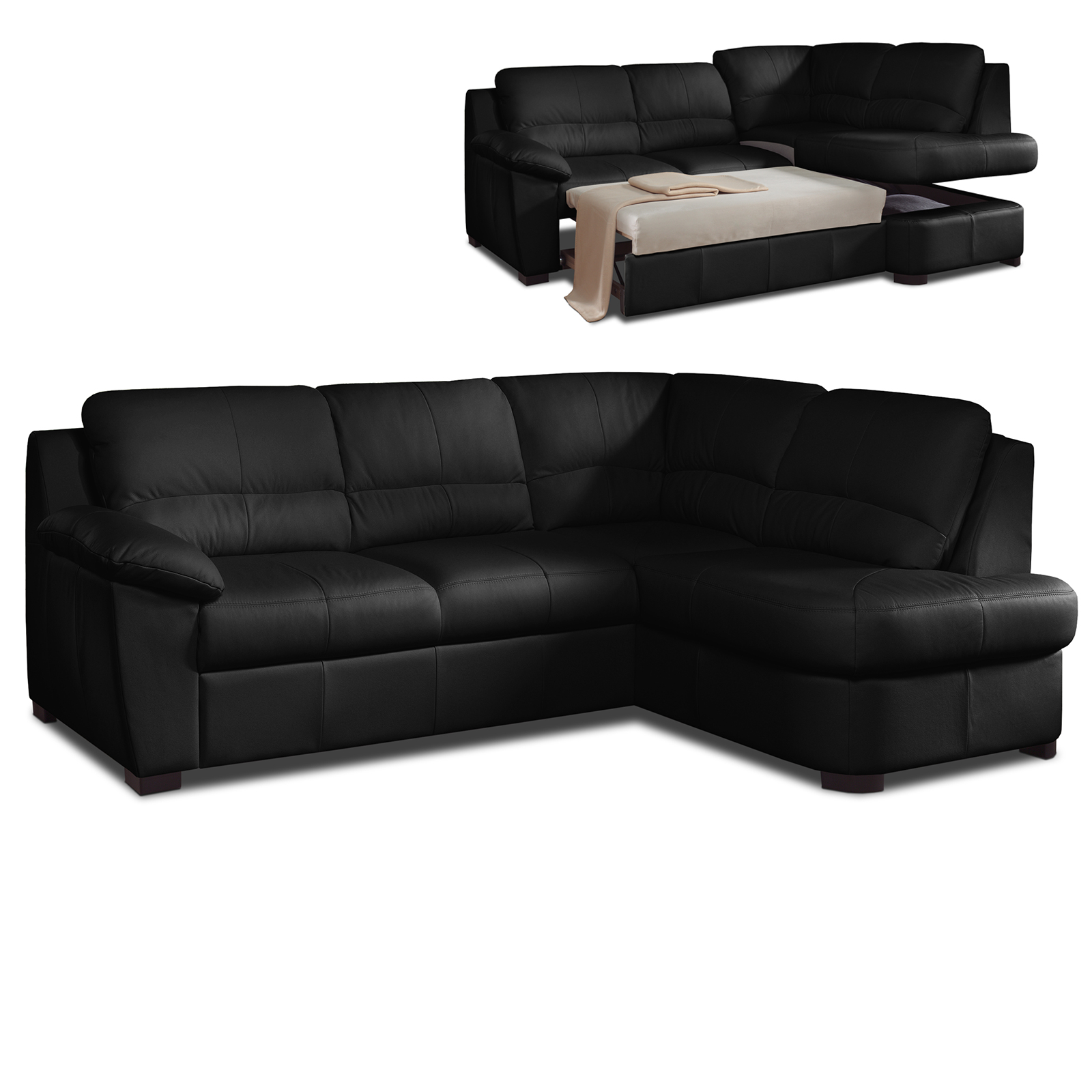 Ledersofa - schwarz - Liegefunktion - Ottomane rechts