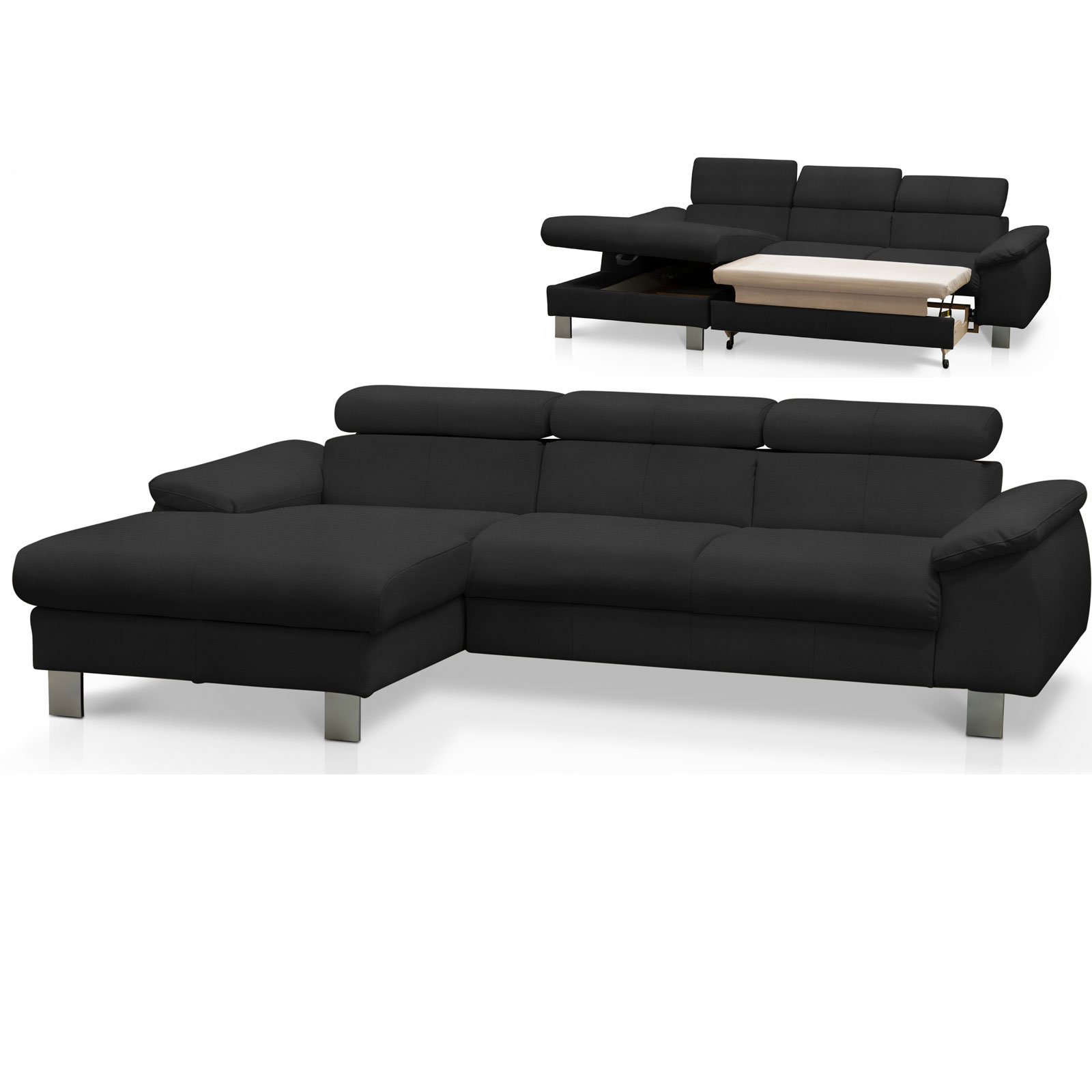 Ledersofa - schwarz - Liegefunktion - Recamiere links