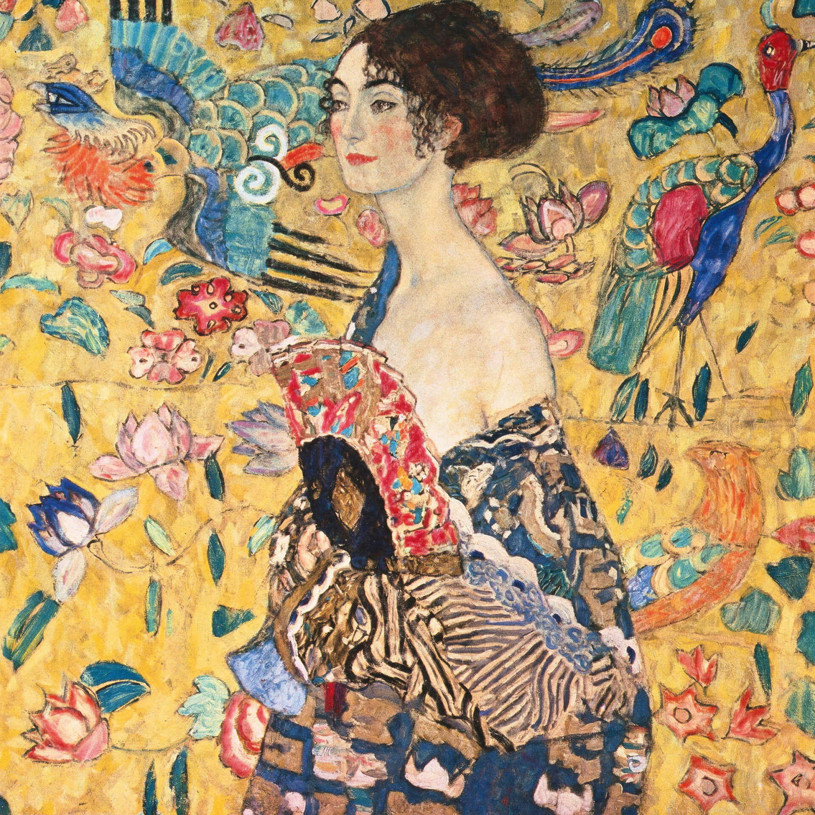 Leinwandbild DAME MIT FÄCHER - gelb-blau - 50x50 cm