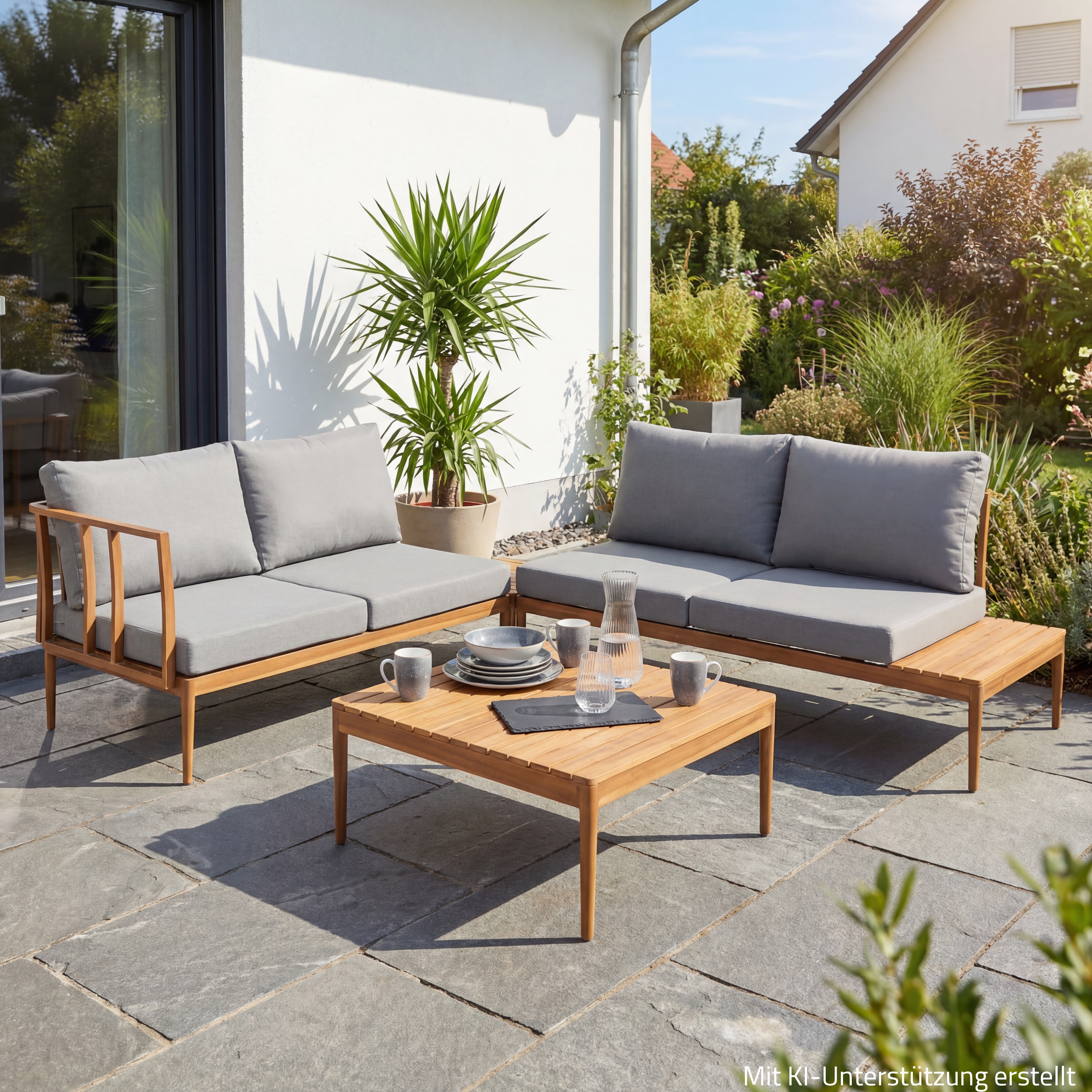 Lounge-Gartenmöbel-Set - teakfarben-grau - Akazie massiv