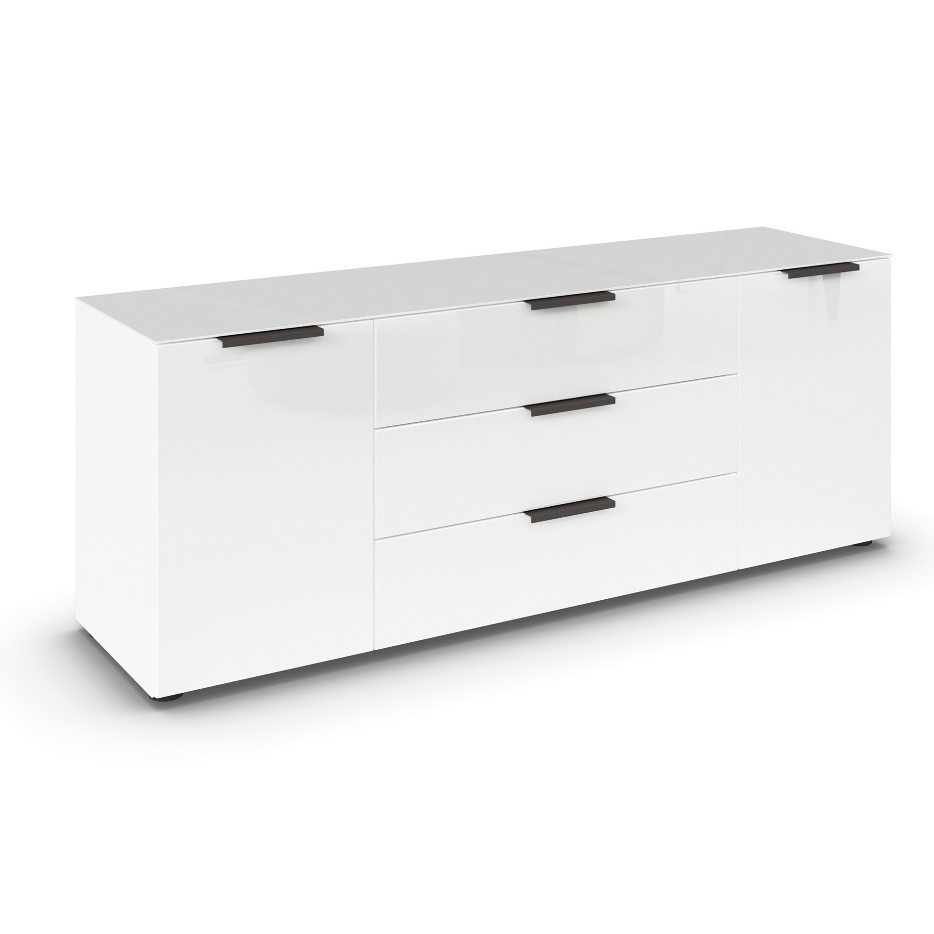 Lowboard - Alpinweiß - Glasfront - Glas-Oberboden - Graphitgriffe - 160 cm