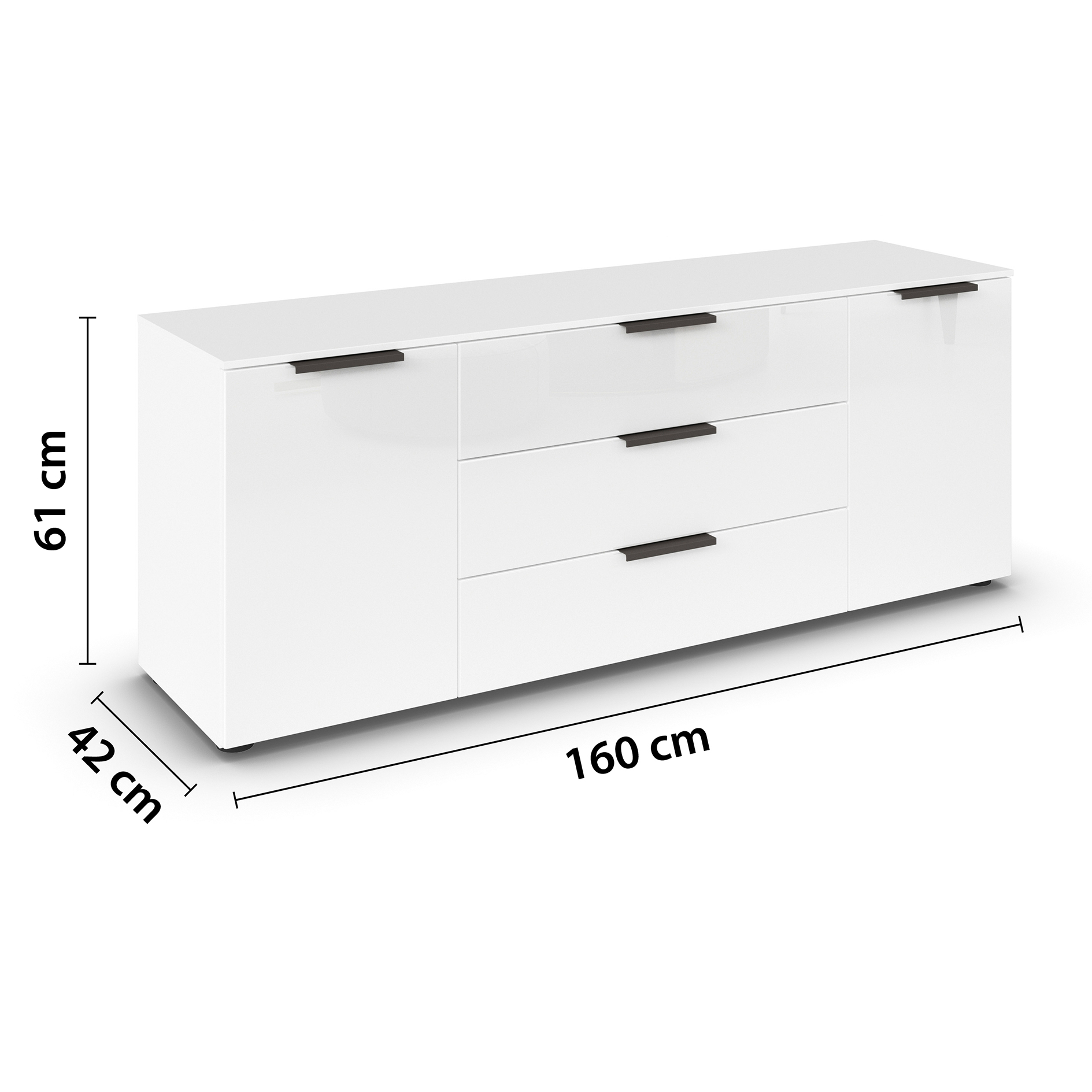 Lowboard - Alpinweiß - weiß - Glasfront - Graphitgriffe - 160 cm