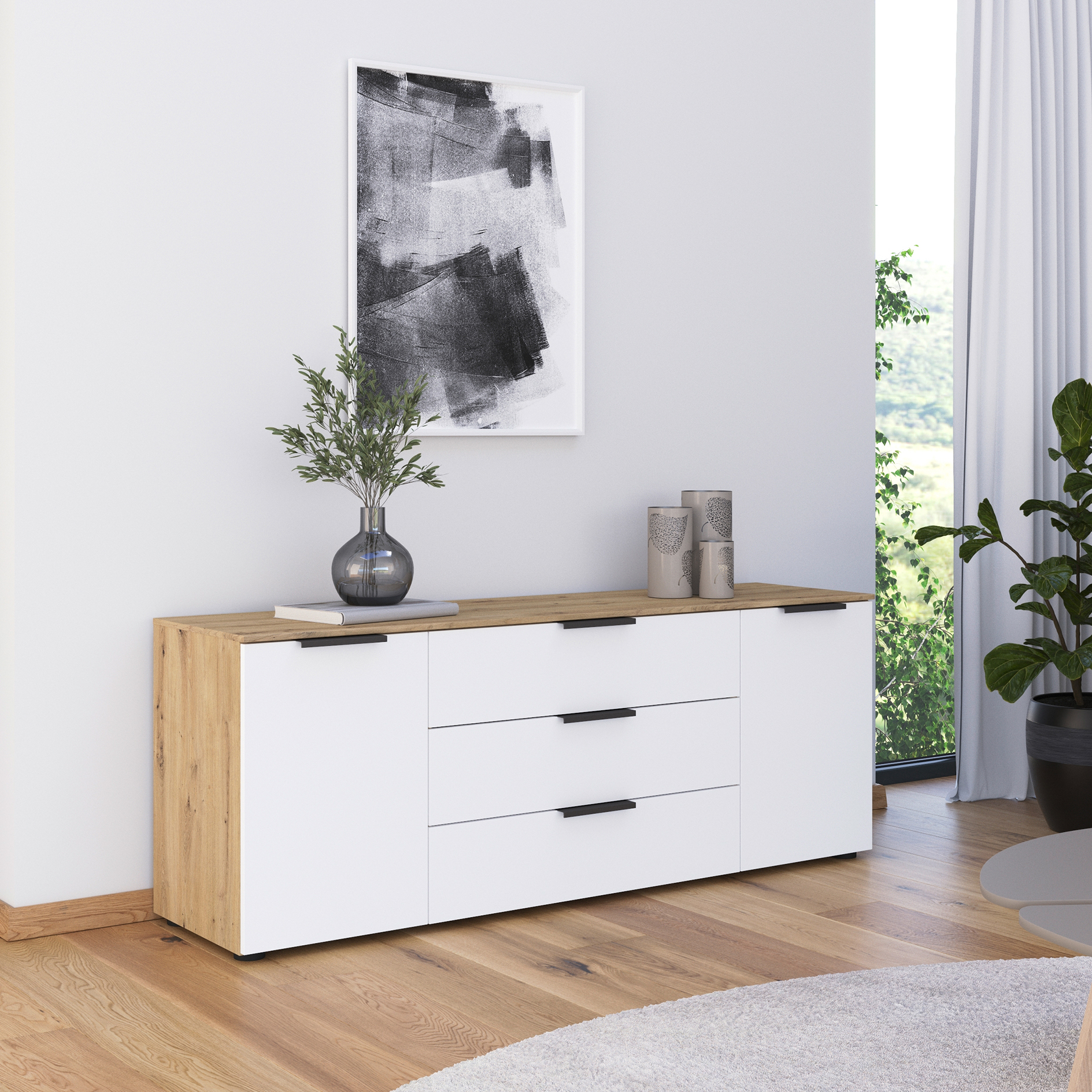 Lowboard - Artisan Eiche - alpinweiß - Graphitgriffe - 160 cm