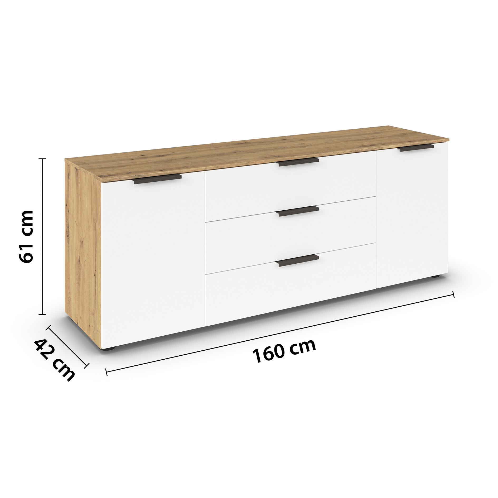 Lowboard - Artisan Eiche - alpinweiß - Graphitgriffe - 160 cm