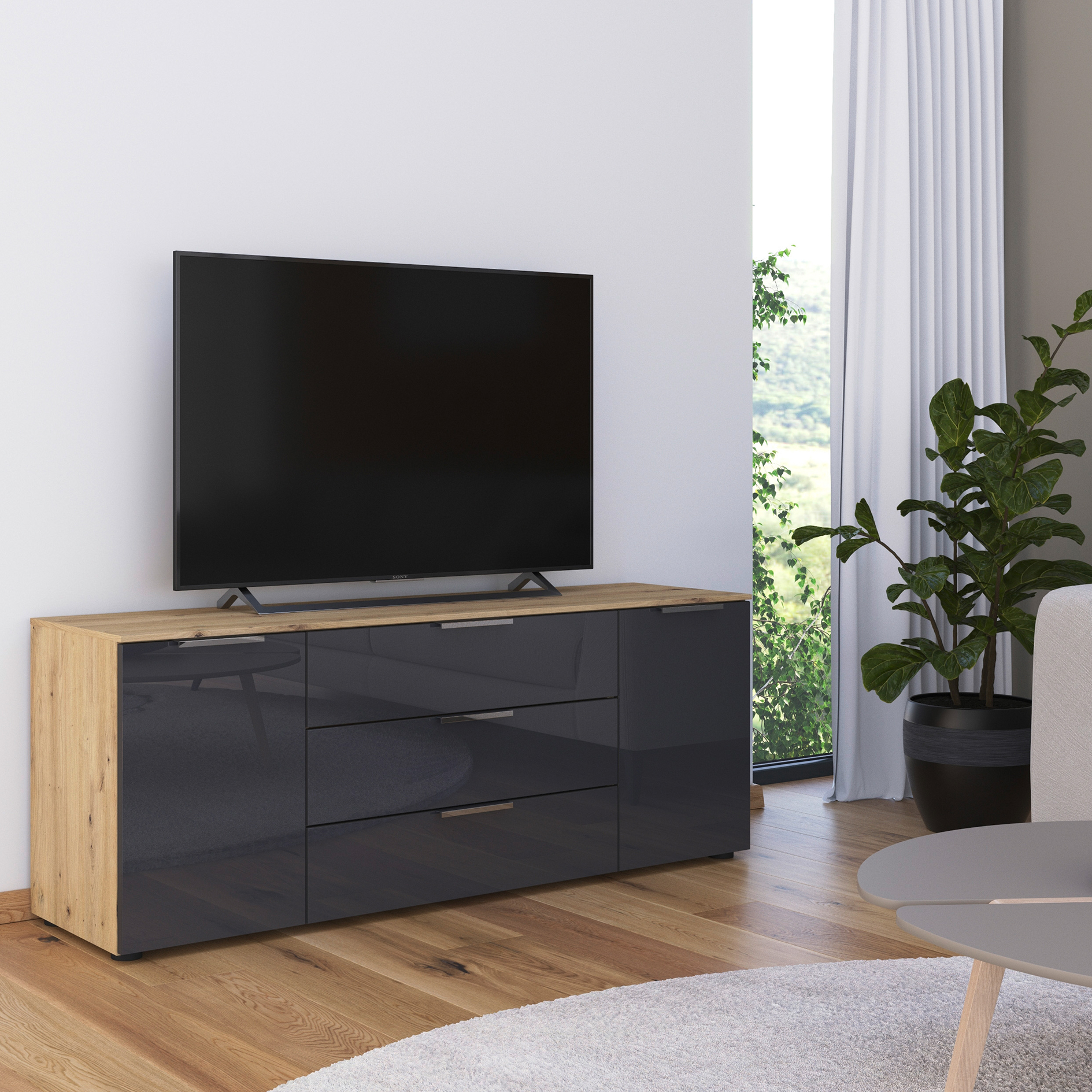 Lowboard - Artisan Eiche - Basalt - Glasfront - Chromgriffe - 160 cm
