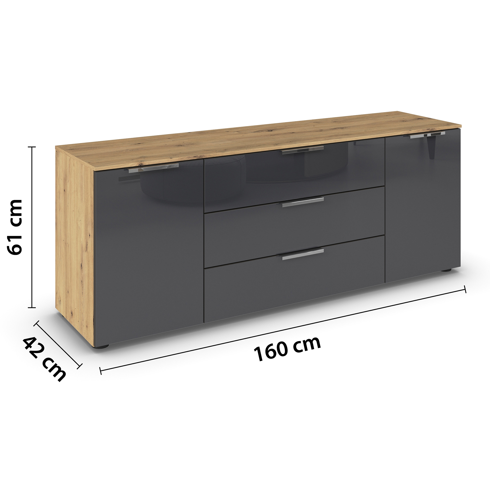 Lowboard - Artisan Eiche - Basalt - Glasfront - Chromgriffe - 160 cm
