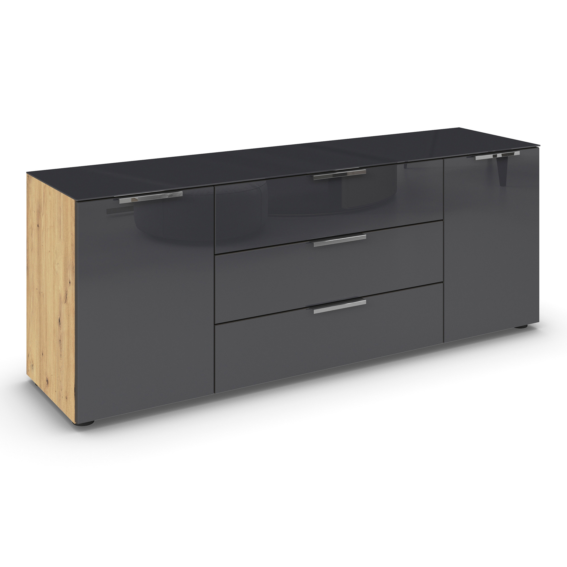 Lowboard - Artisan Eiche - Basalt - Glasfront - Glas-Oberboden - Chromgriffe - 160 cm
