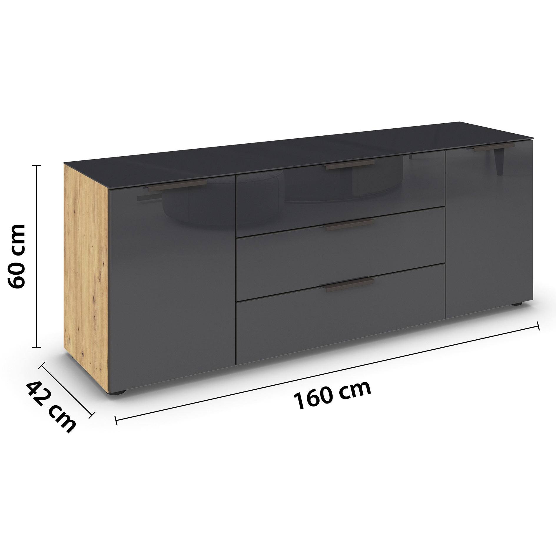 Lowboard - Artisan Eiche - Basalt - Glasfront - Glas-Oberboden - Graphitgriffe - 160 cm