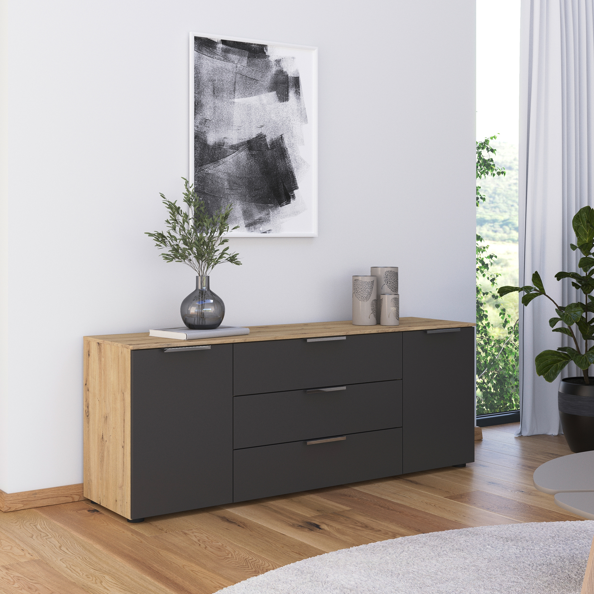 Lowboard - Artisan Eiche - graphit - Chromgriffe - 160 cm