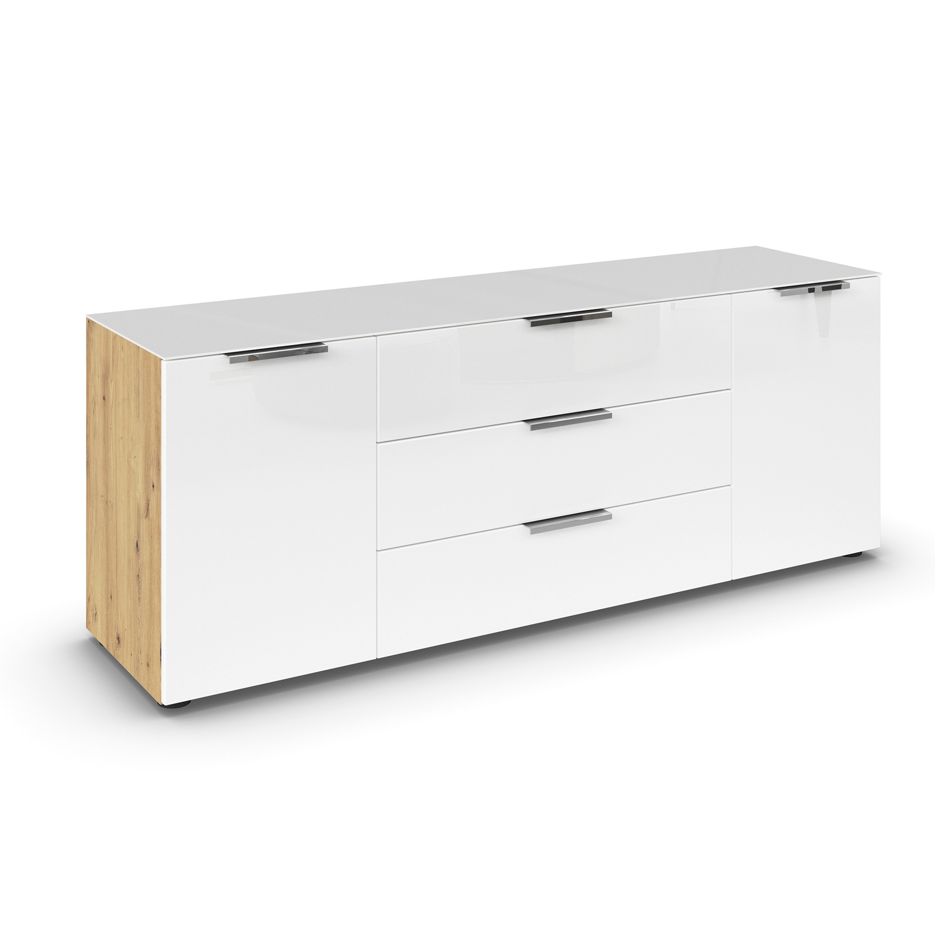 Lowboard - Artisan Eiche - weiß - Glasfront - Glas-Oberboden - Chromgriffe - 160 cm