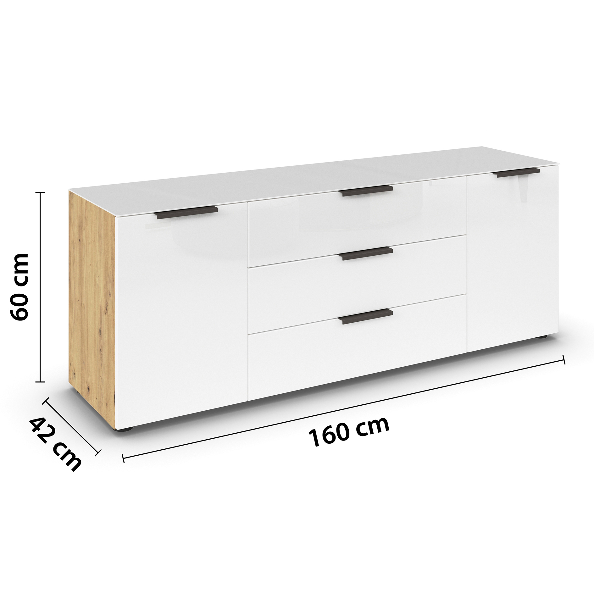 Lowboard - Artisan Eiche - weiß - Glasfront - Glas-Oberboden - Graphitgriffe - 160 cm