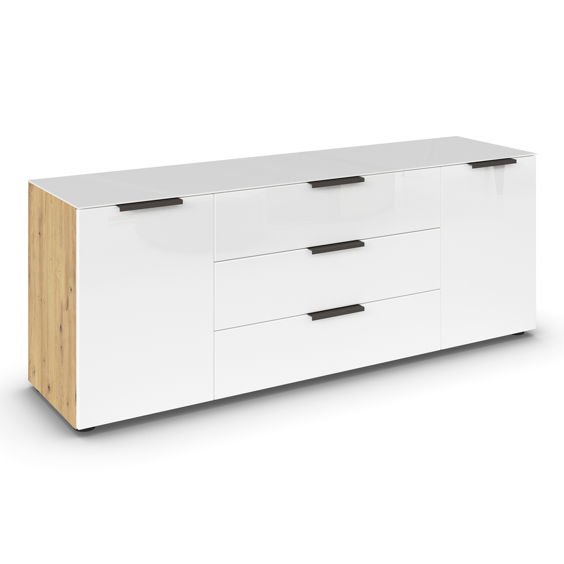 Lowboard - Artisan Eiche - weiß - Glasfront - Glas-Oberboden - Graphitgriffe - 160 cm