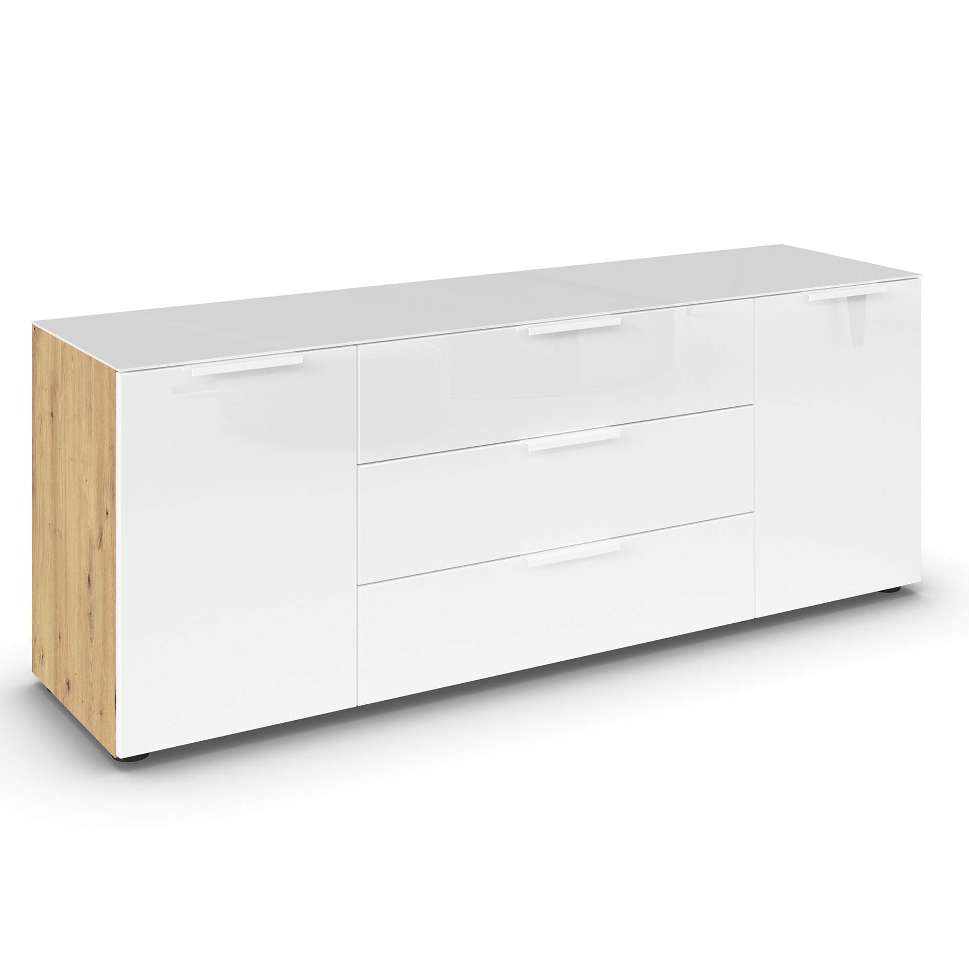 Lowboard - Artisan Eiche - weiß - Glasfront - Glas-Oberboden - weiße Griffe - 160 cm