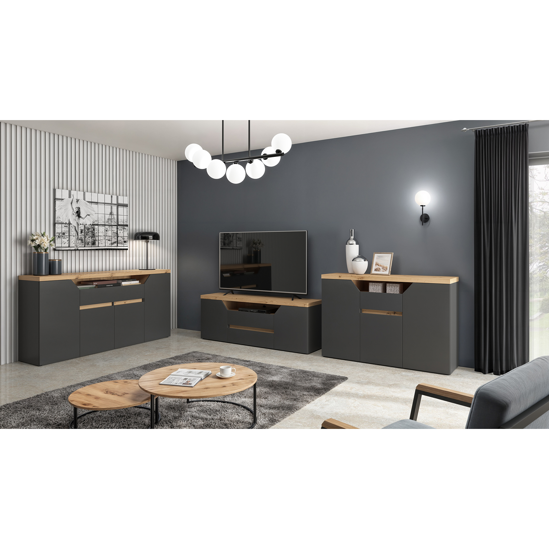 Lowboard - graphit - Artisan Eiche - Softclose - 160 cm