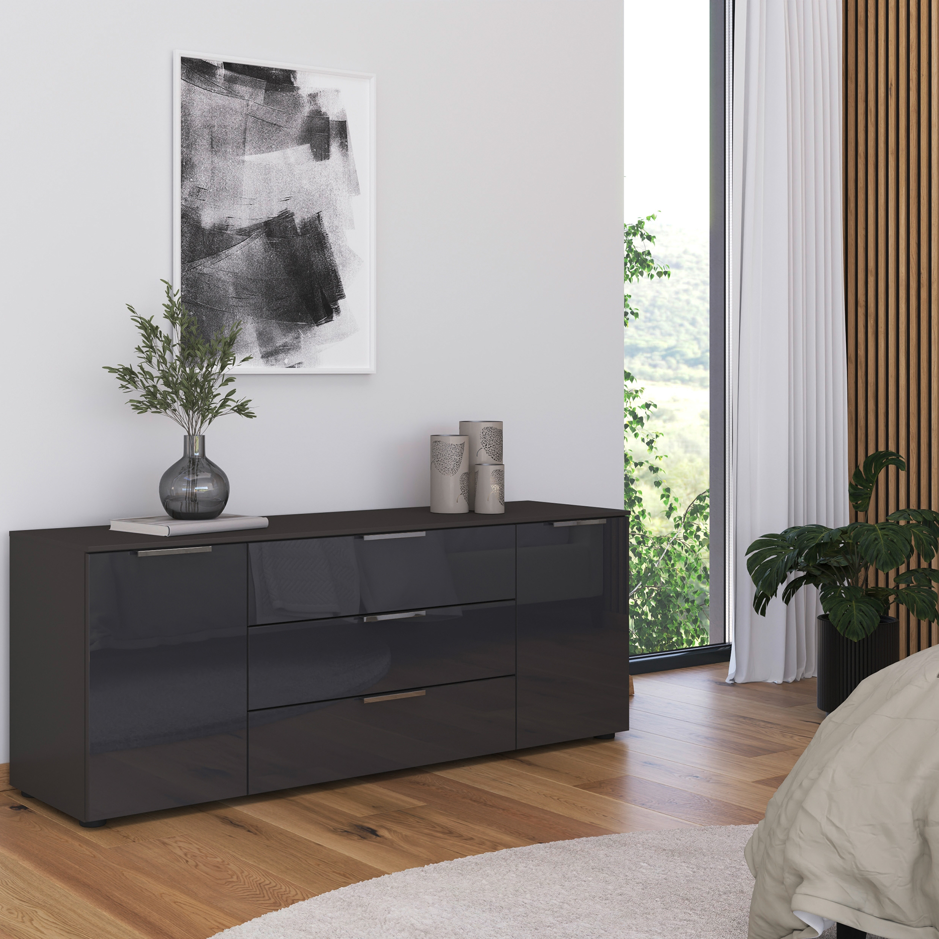 Lowboard - graphit - Basalt - Glasfront - Chromgriffe - 160 cm