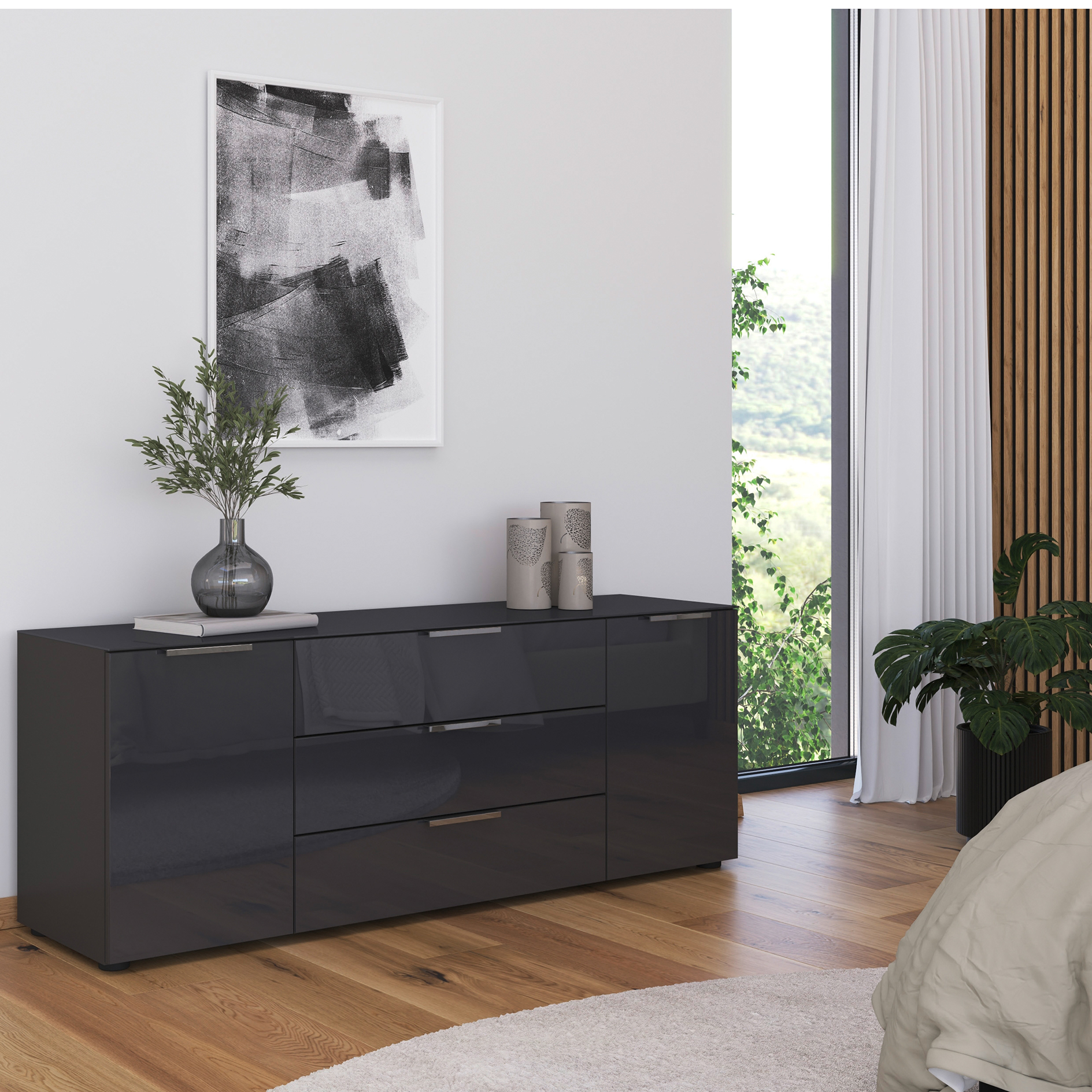 Lowboard - graphit - Basalt - Glasfront - Glas-Oberboden - Chromgriffe - 160 cm