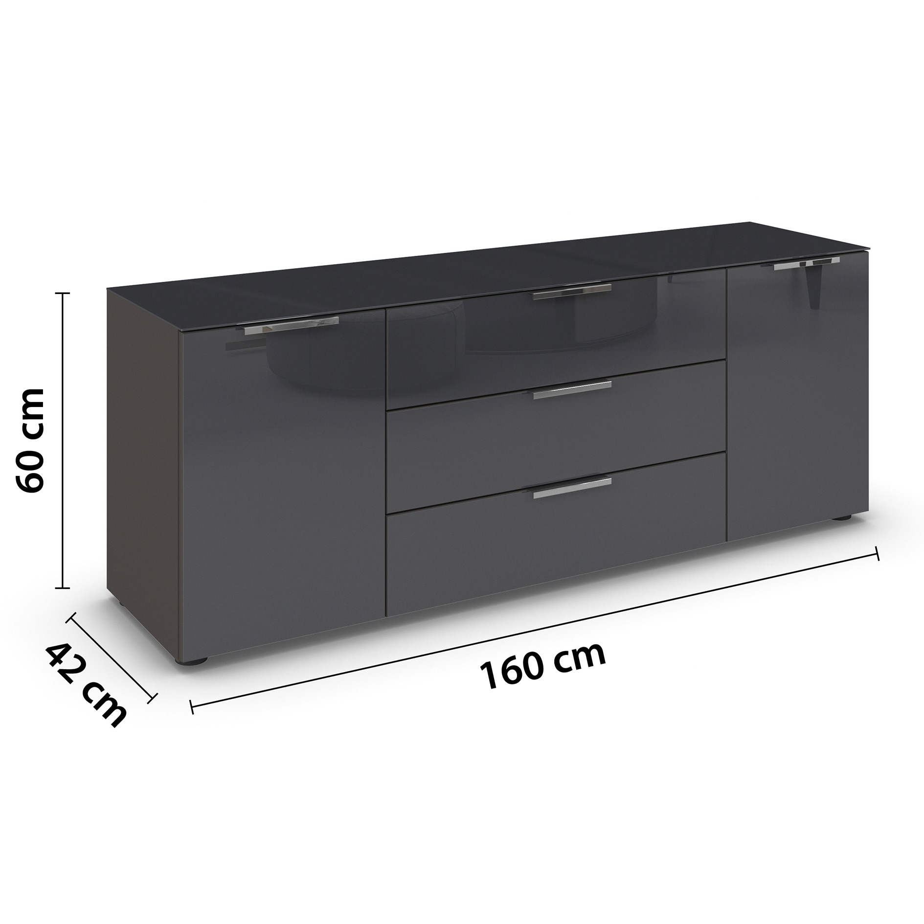 Lowboard - graphit - Basalt - Glasfront - Glas-Oberboden - Chromgriffe - 160 cm