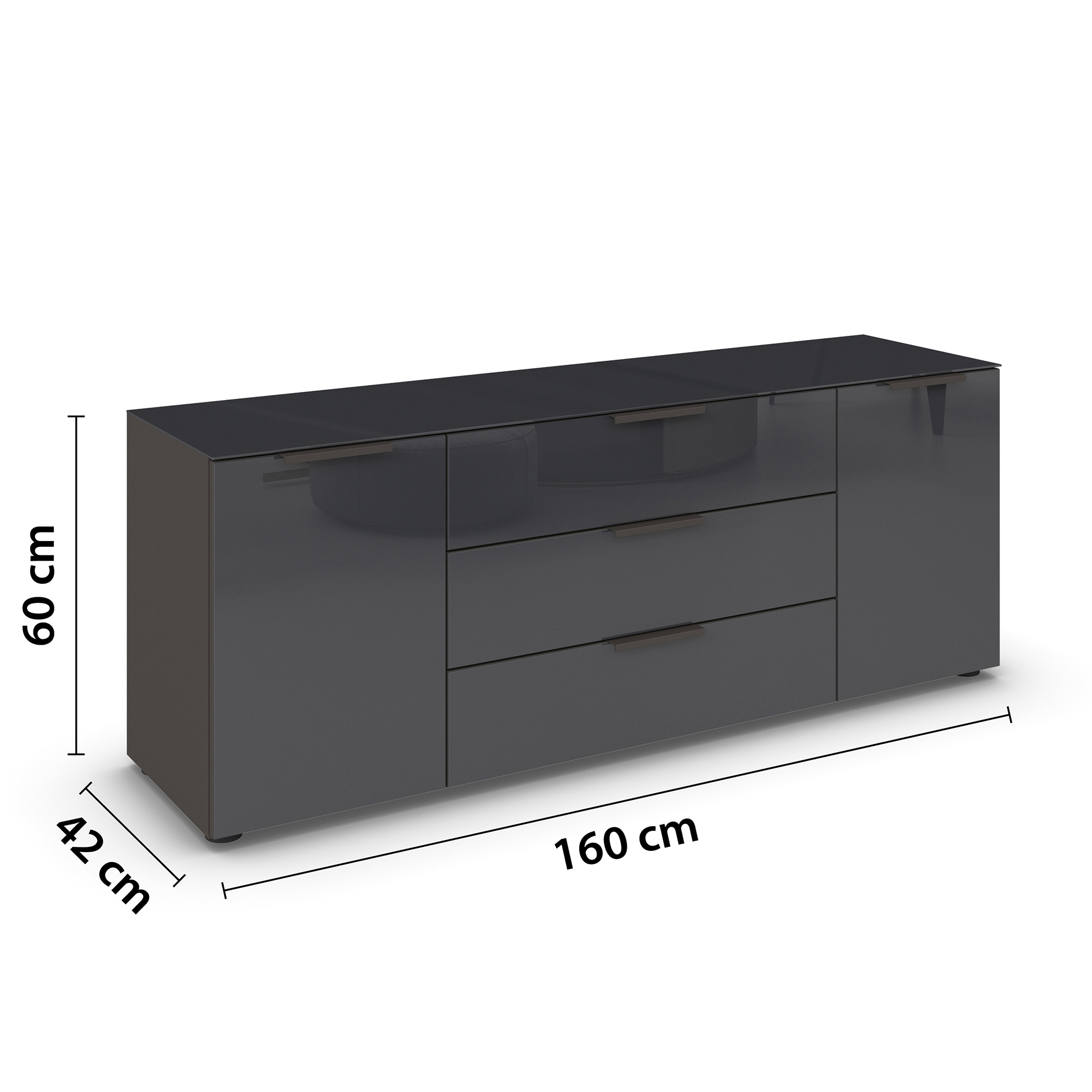 Lowboard - graphit - Basalt - Glasfront - Glas-Oberboden - Graphitgriffe - 160 cm