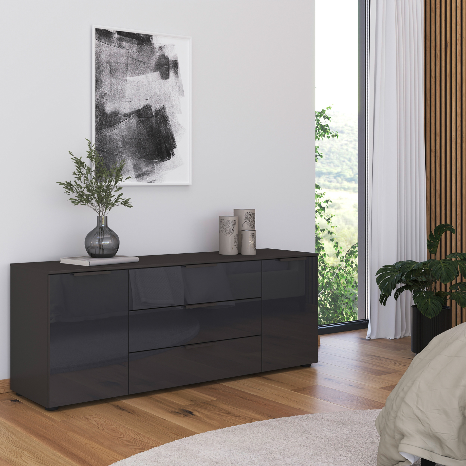 Lowboard - graphit - Basalt - Glasfront - Graphitgriffe - 160 cm