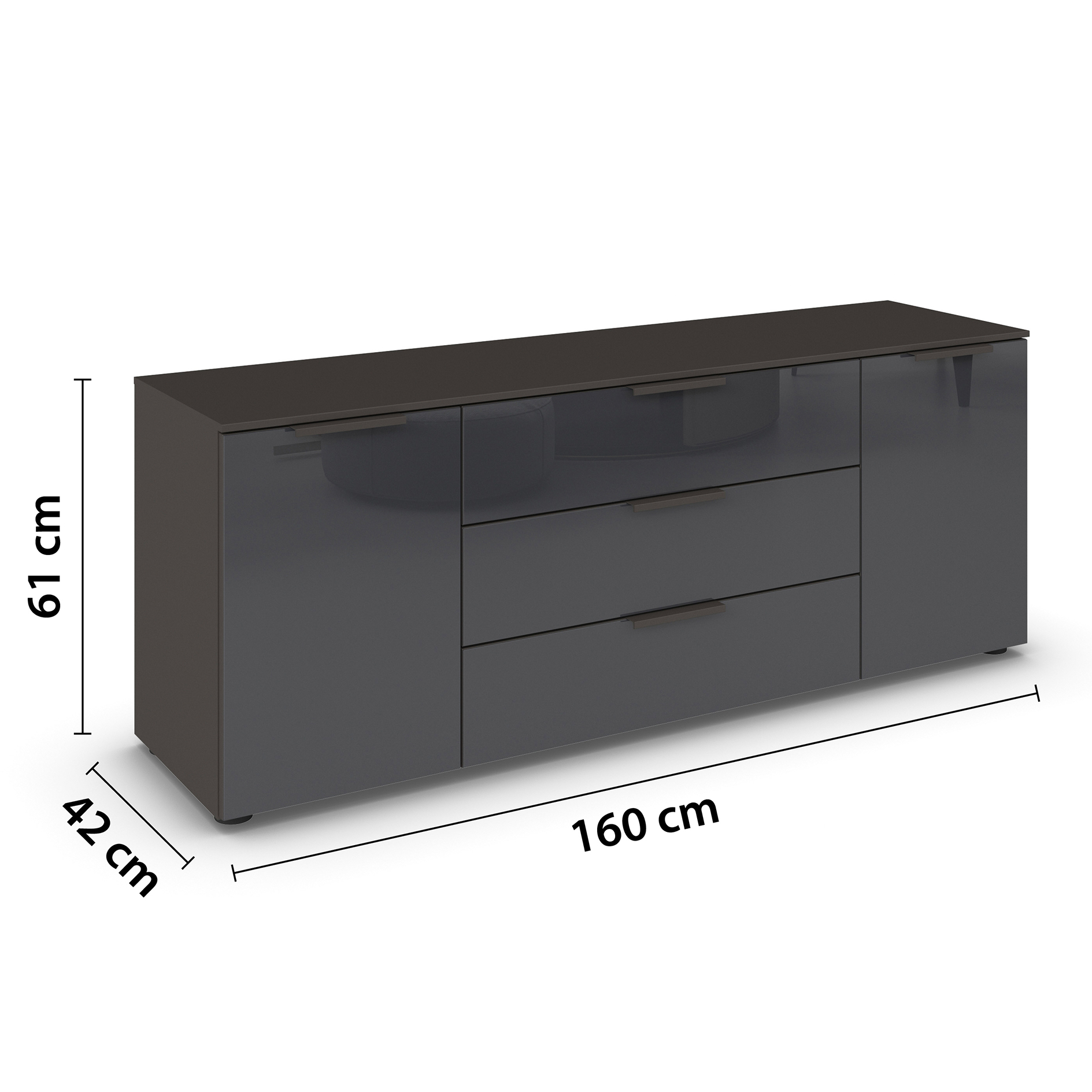 Lowboard - graphit - Basalt - Glasfront - Graphitgriffe - 160 cm
