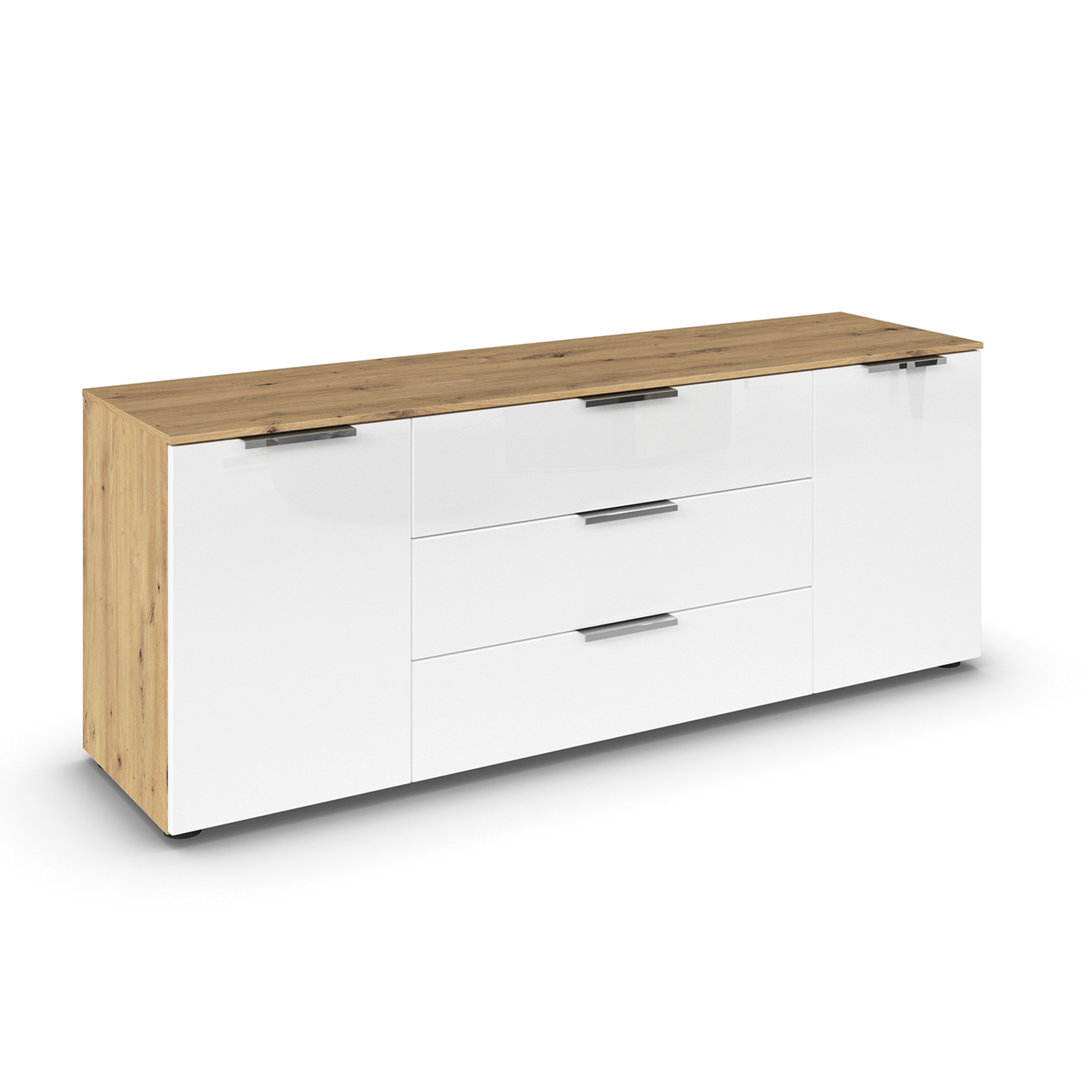 Lowboard - Kristallweißglas - Artisan Eiche - Chromgriffe - 160 cm