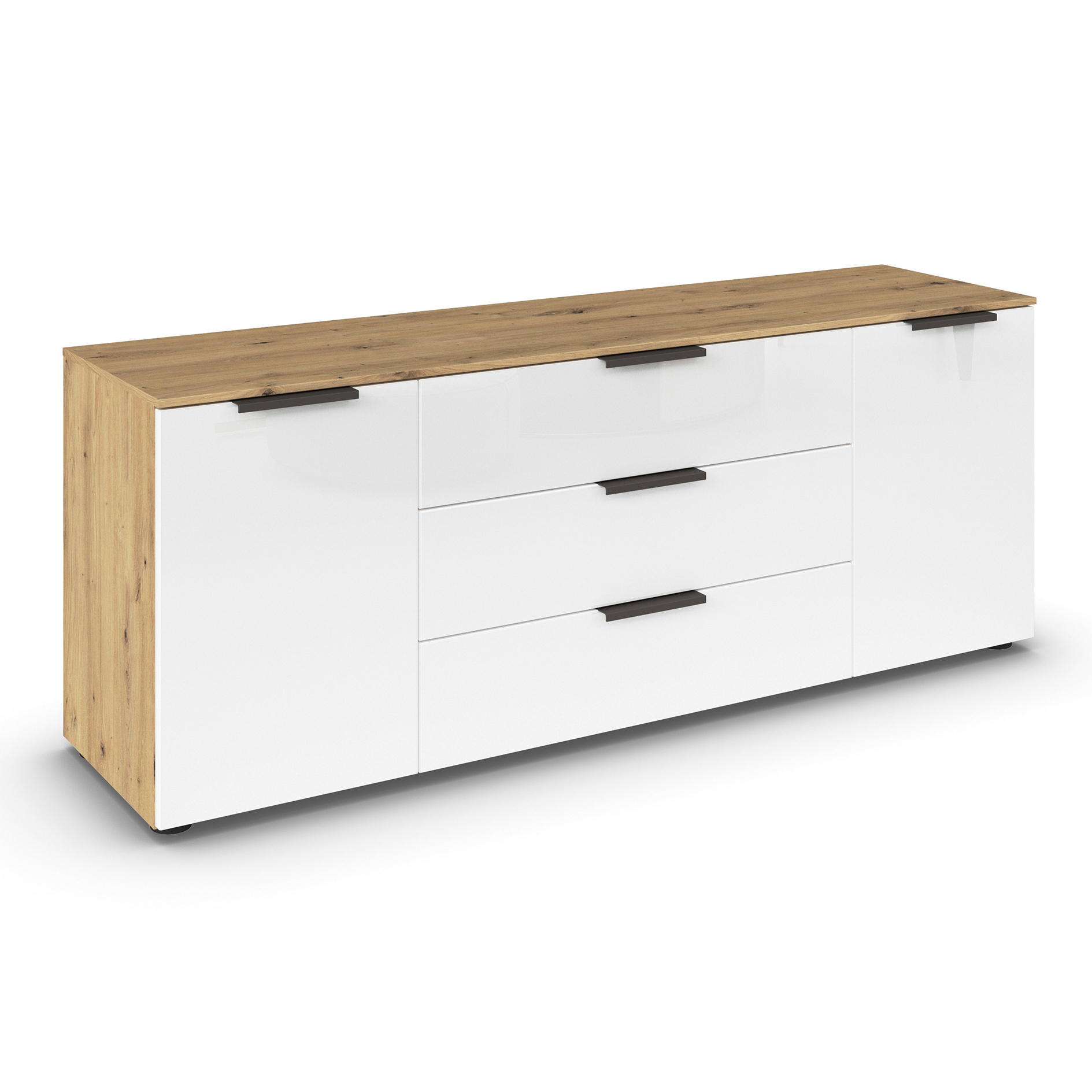 Lowboard - Kristallweißglas - Artisan Eiche - Graphitgriffe - 160 cm