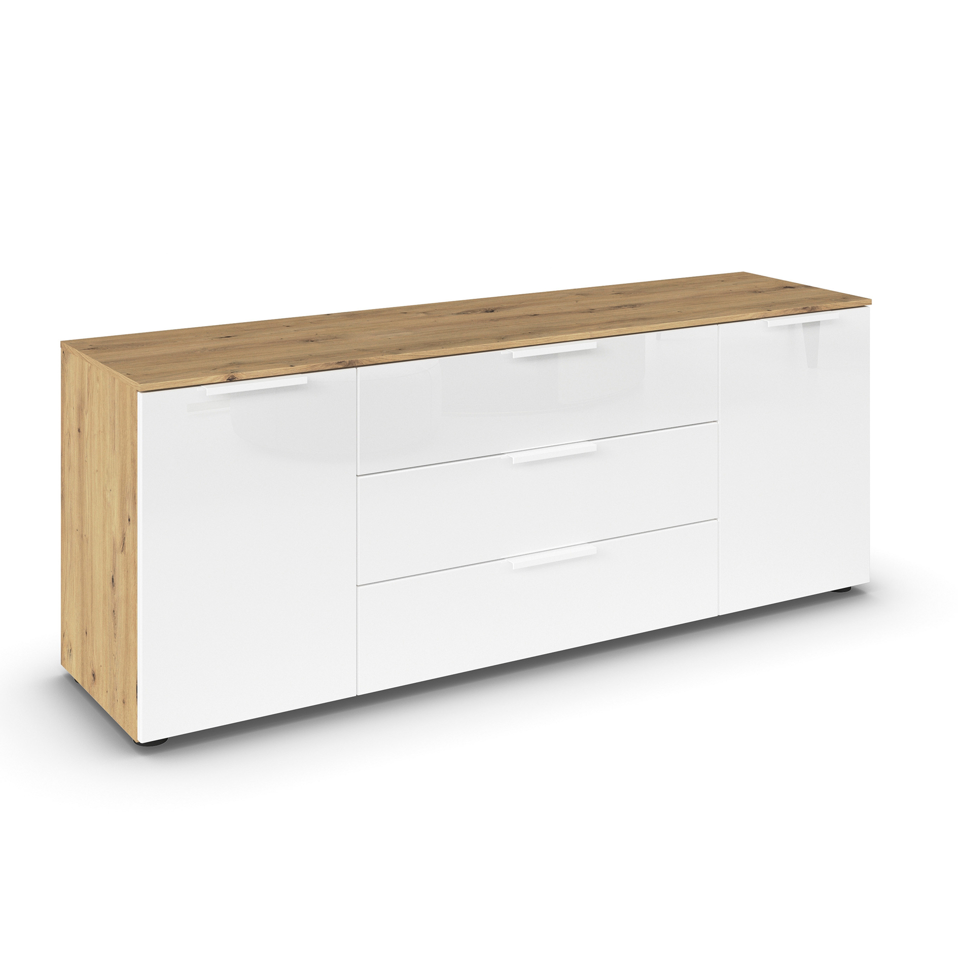 Lowboard - Kristallweißglas - Artisan Eiche - weiße Griffe - 160 cm