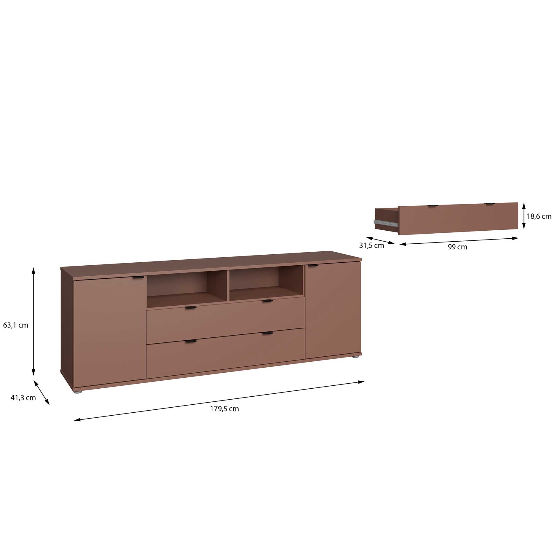 Lowboard - terrakotta - 2 Türen - 2 Schubkästen - 180 cm