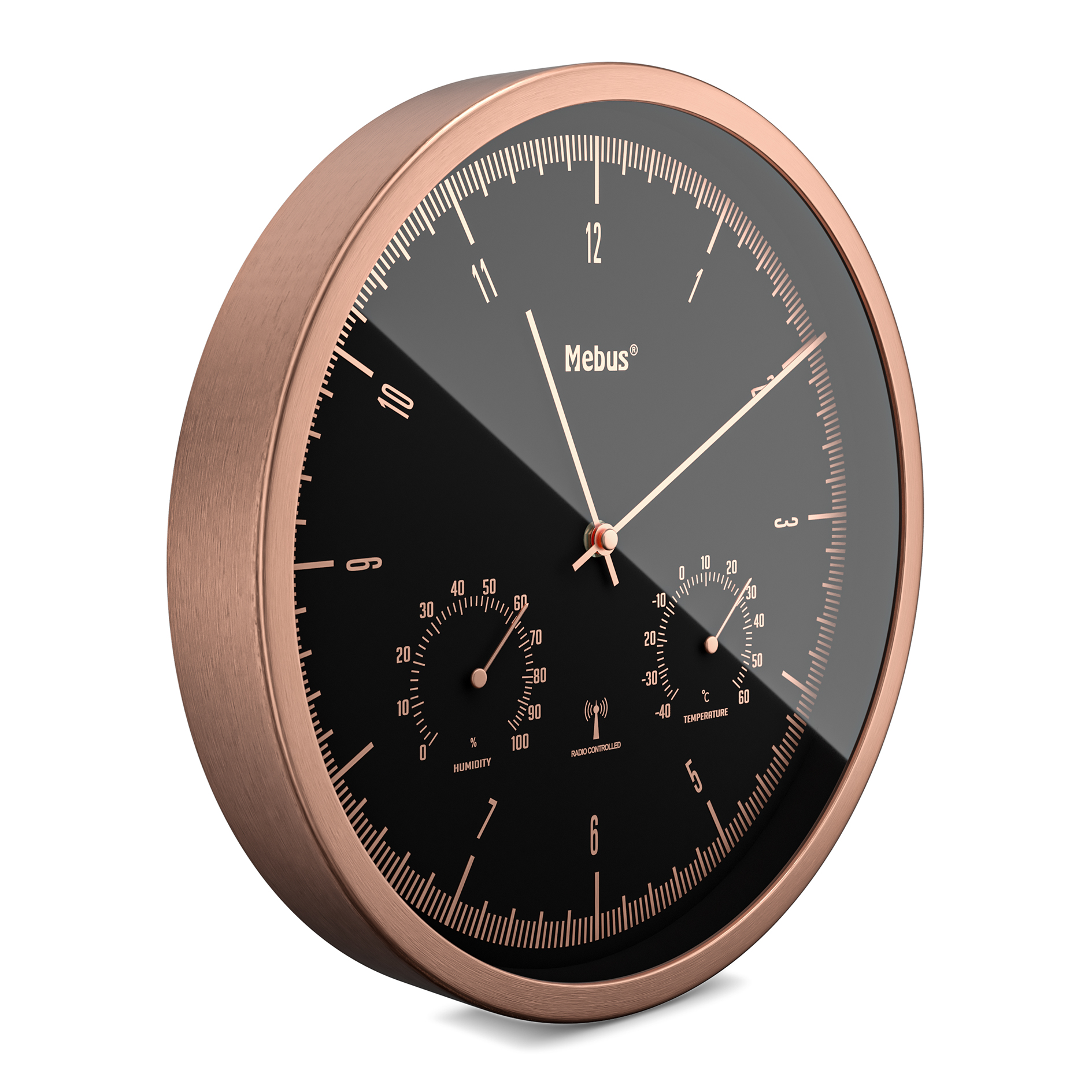 MEBUS Funk-Wanduhr roségold-schwarz Thermo-/Hygrometer Ø 25