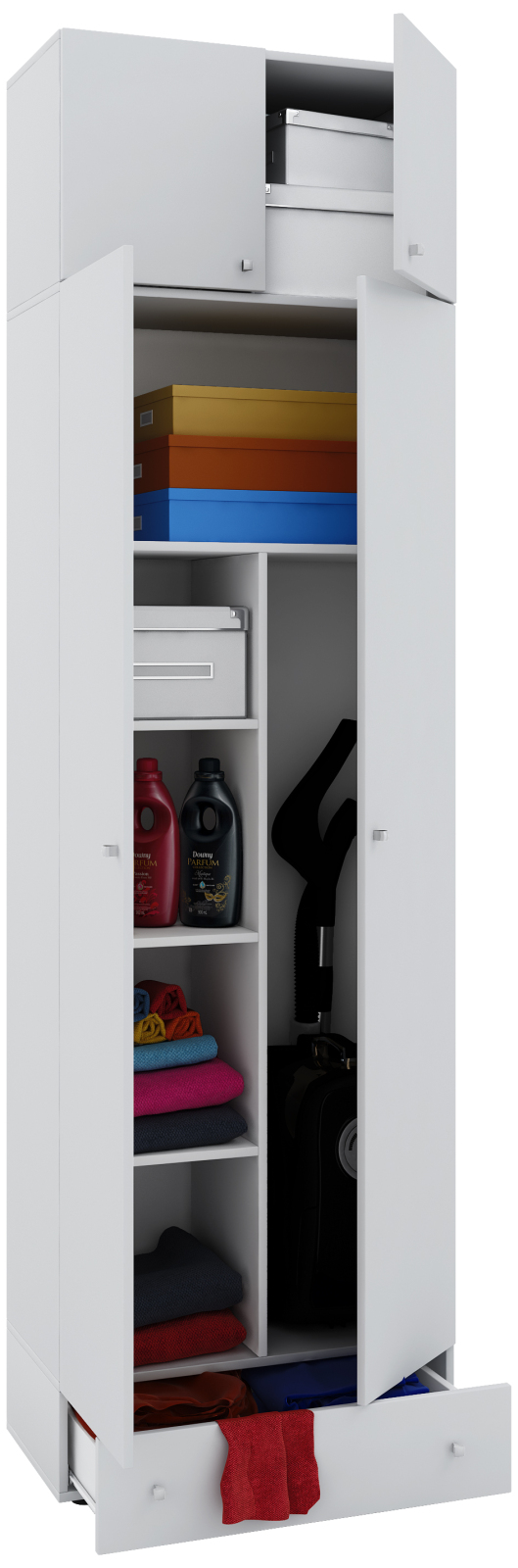 Mehrzweckschrank VANDOL ll - weiß - mit Schubkasten und Aufsatz - 6 Fächer