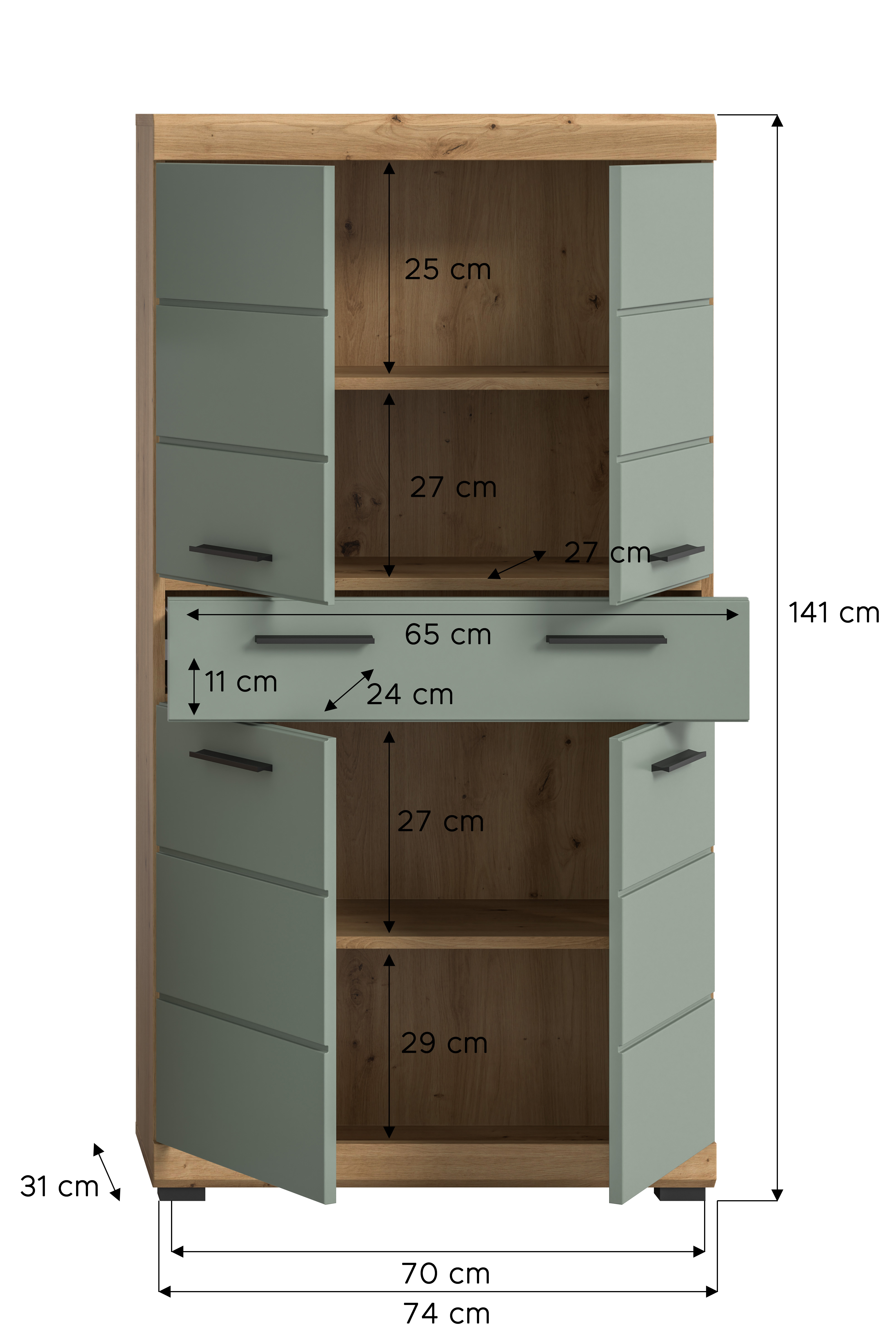 Midischrank SCOUT - Salbei - Artisan Eiche - 74 cm