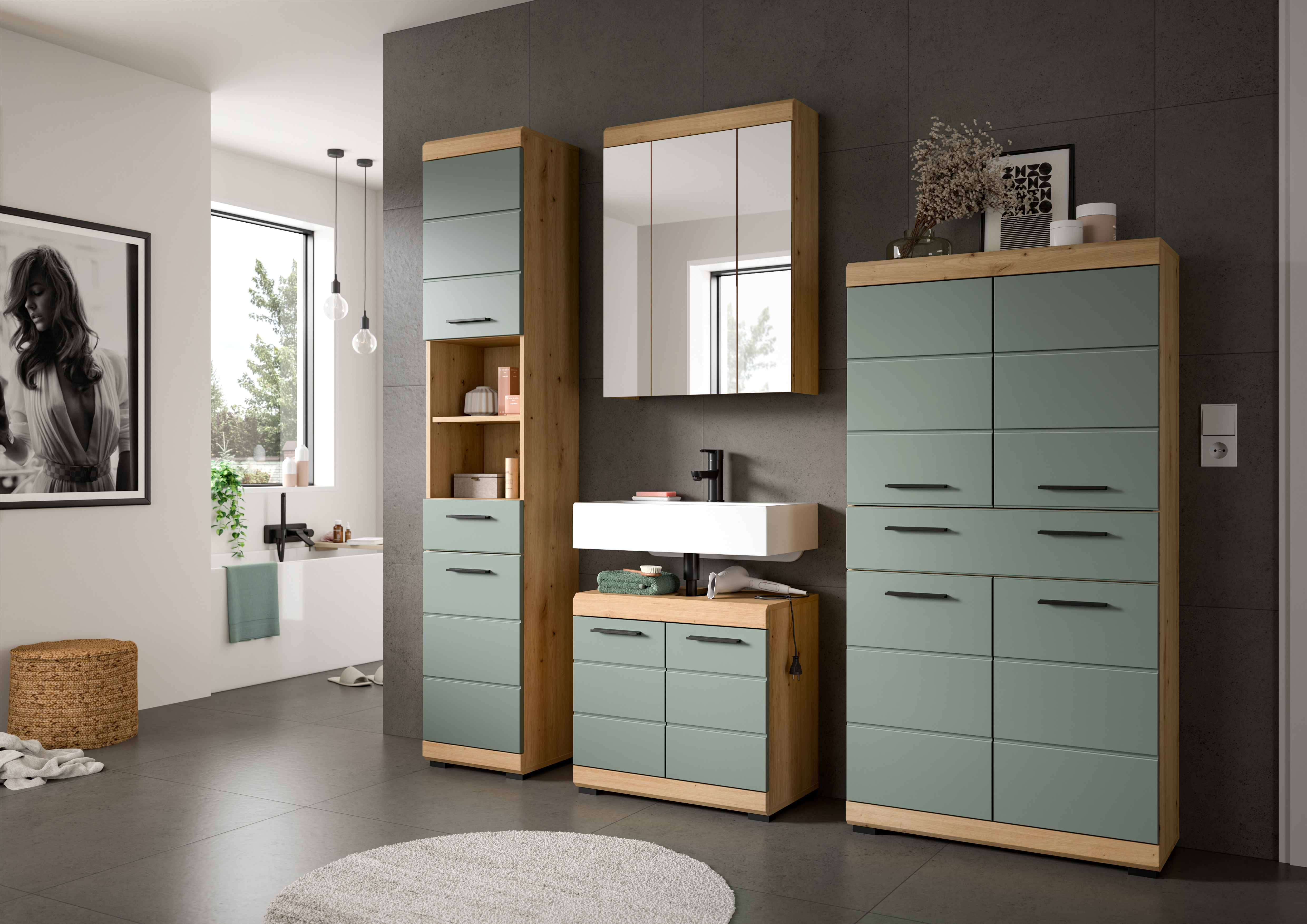 Midischrank SCOUT - Salbei - Artisan Eiche - 74 cm