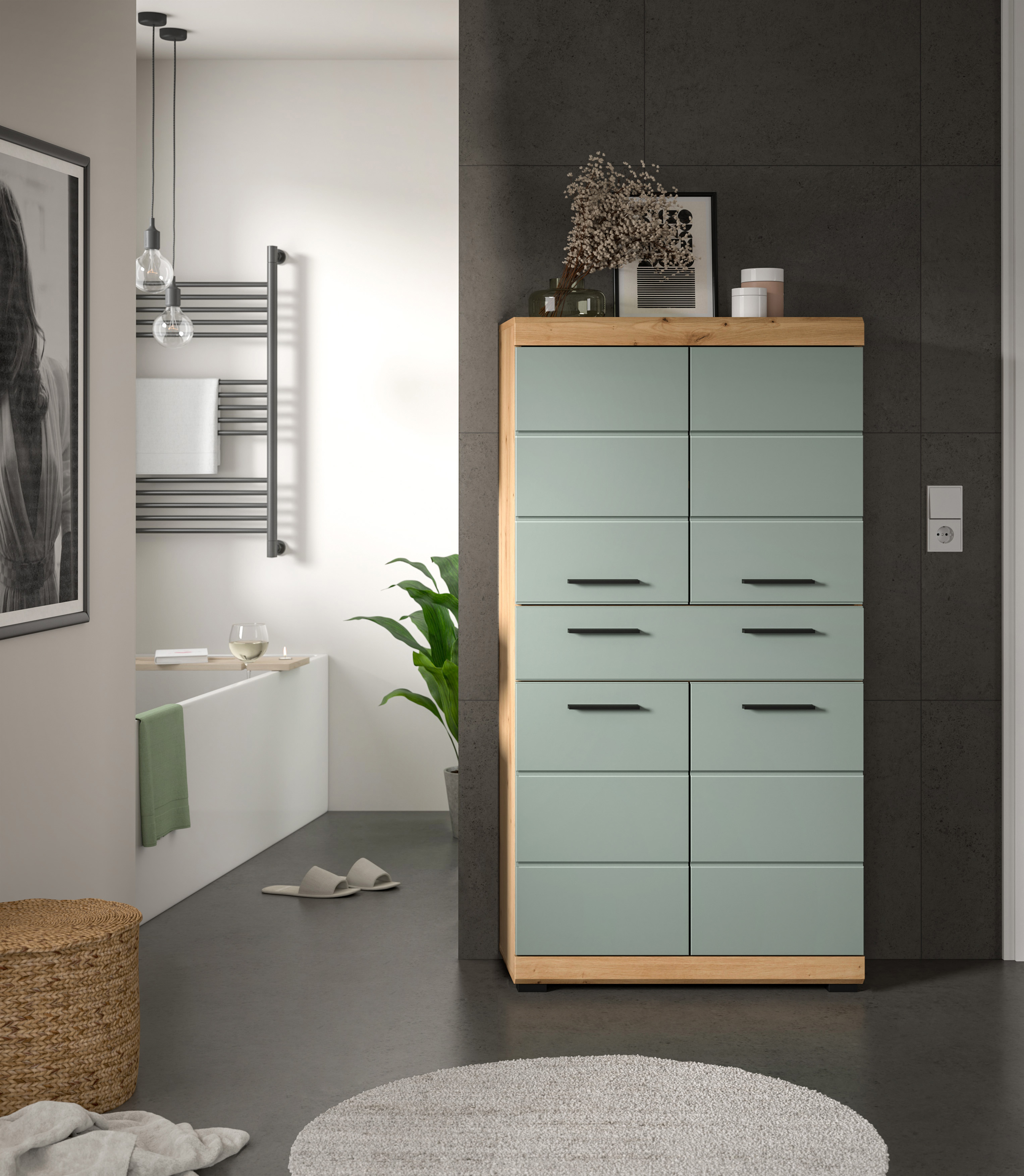 Midischrank SCOUT - Salbei - Artisan Eiche - 74 cm