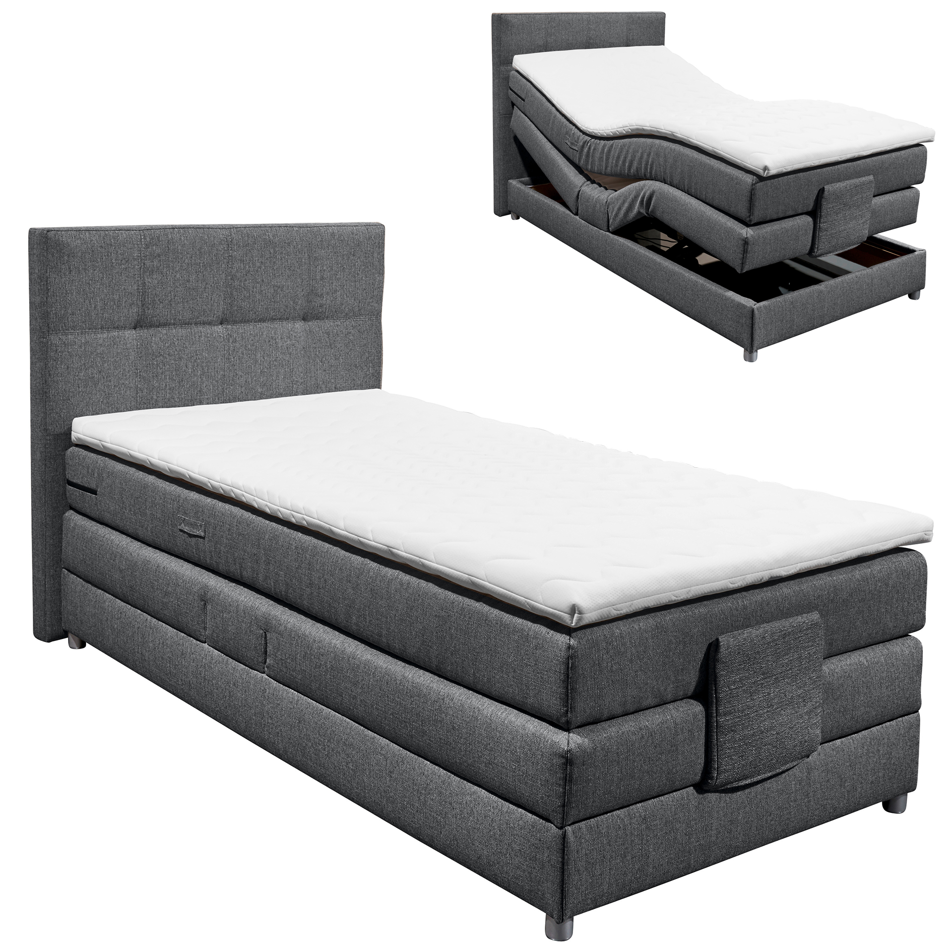 Motor-Boxspringbett - anthrazit - H2 - Schaumtopper - 100x200 cm
