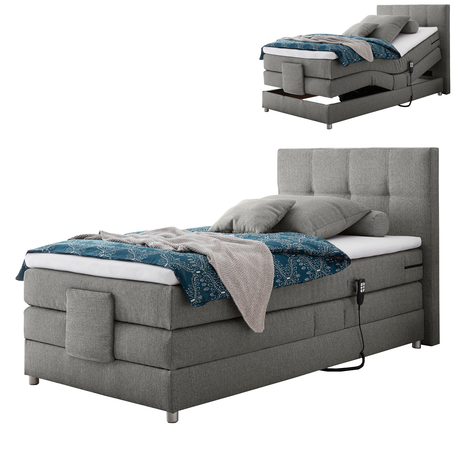 Motor-Boxspringbett - grau - H2 - Schaumtopper - 100x200 cm