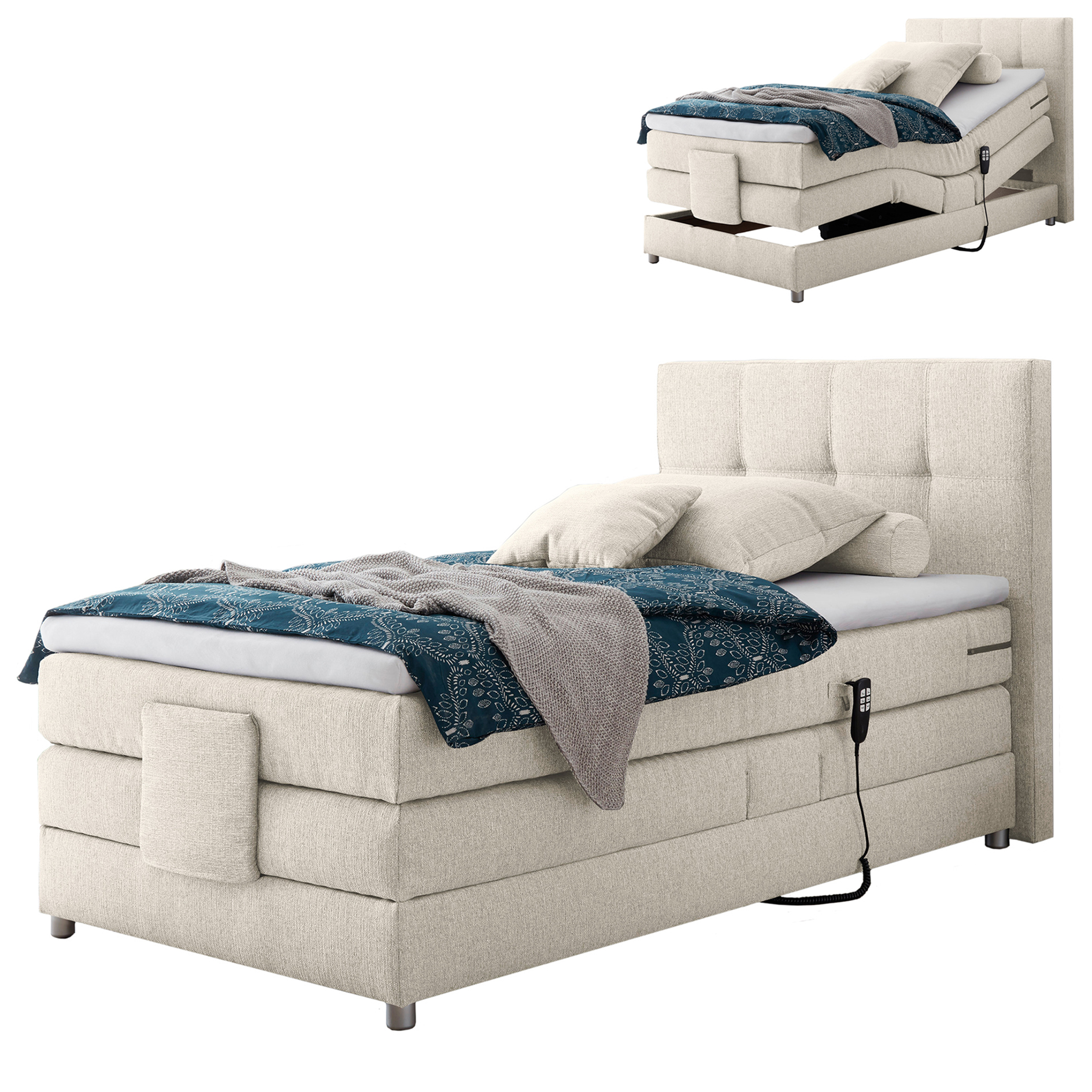 Motor-Boxspringbett - ivory creme - H2 - Schaumtopper - 100x200 cm