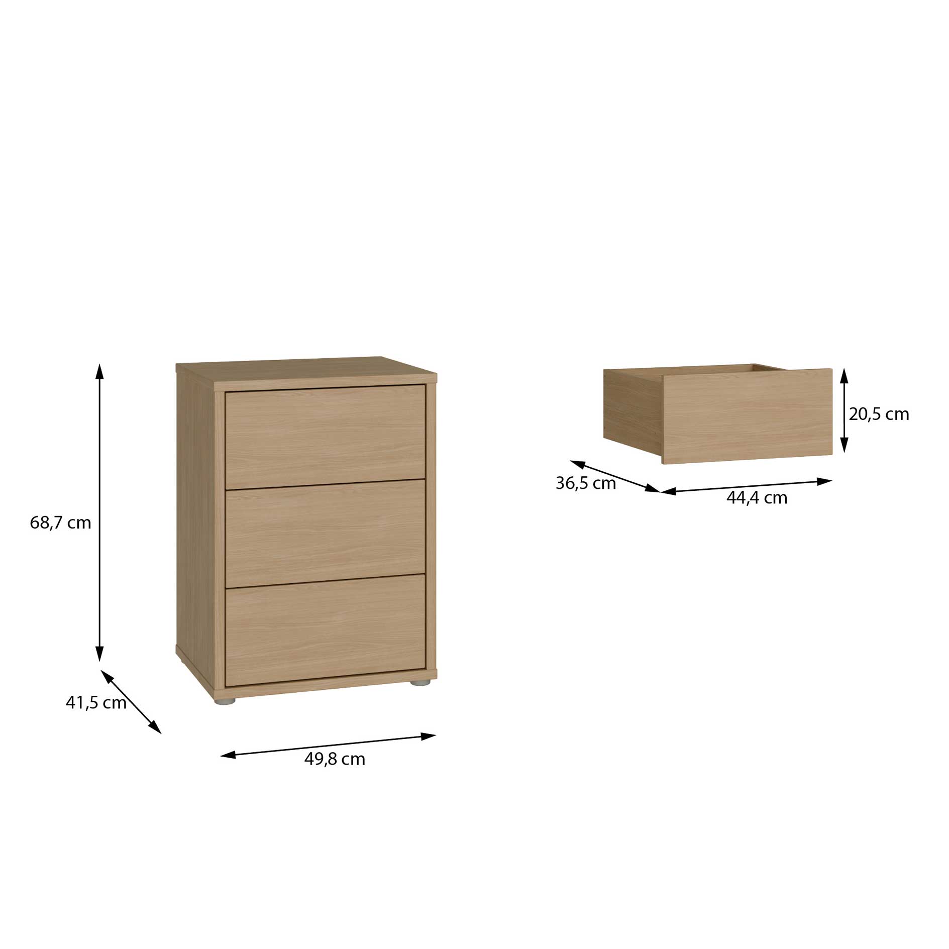Nachtkommode - Elegancia Eiche - 3 Schubkästen - 50 cm