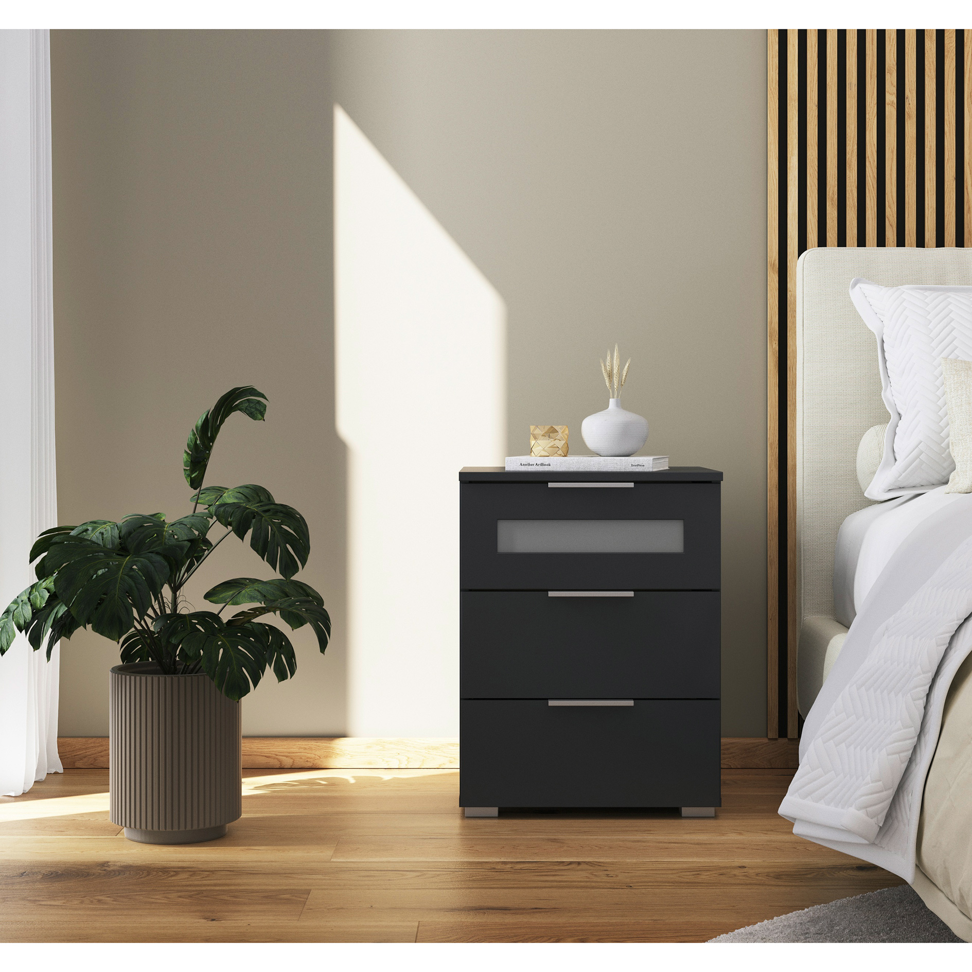 Nachtschrank - grau metallic - mit Milchglaseinsatz - 40 cm breit