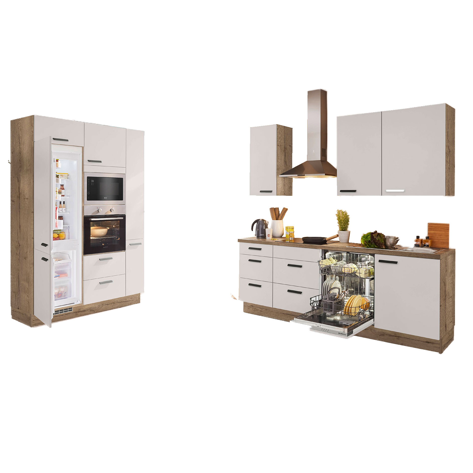 nobilia Küchenblock LASER - Seidengrau matt-Eiche Havanna - mit E-Geräten - 150+230 cm - Kühlschrank links