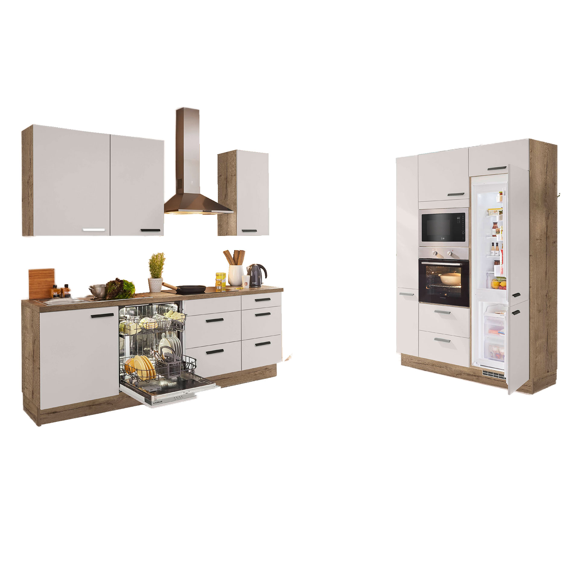 nobilia Küchenblock LASER - Seidengrau matt - Eiche Havanna - mit E-Geräten - 230+150 cm - Kühlschrank rechts