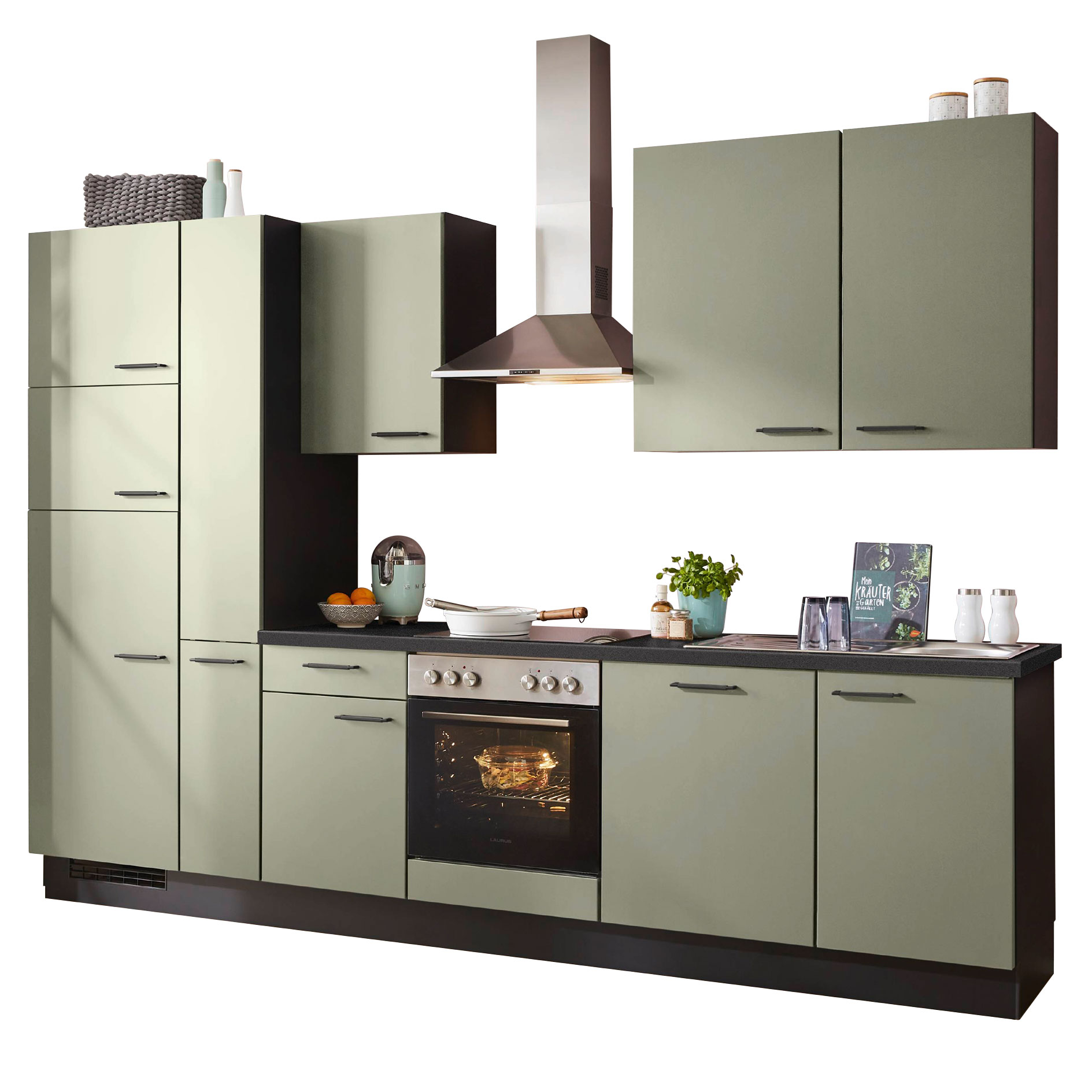 nobilia Küchenblock SENSO - Lack Olive Premium matt - Kühlschrank links - 310 cm
