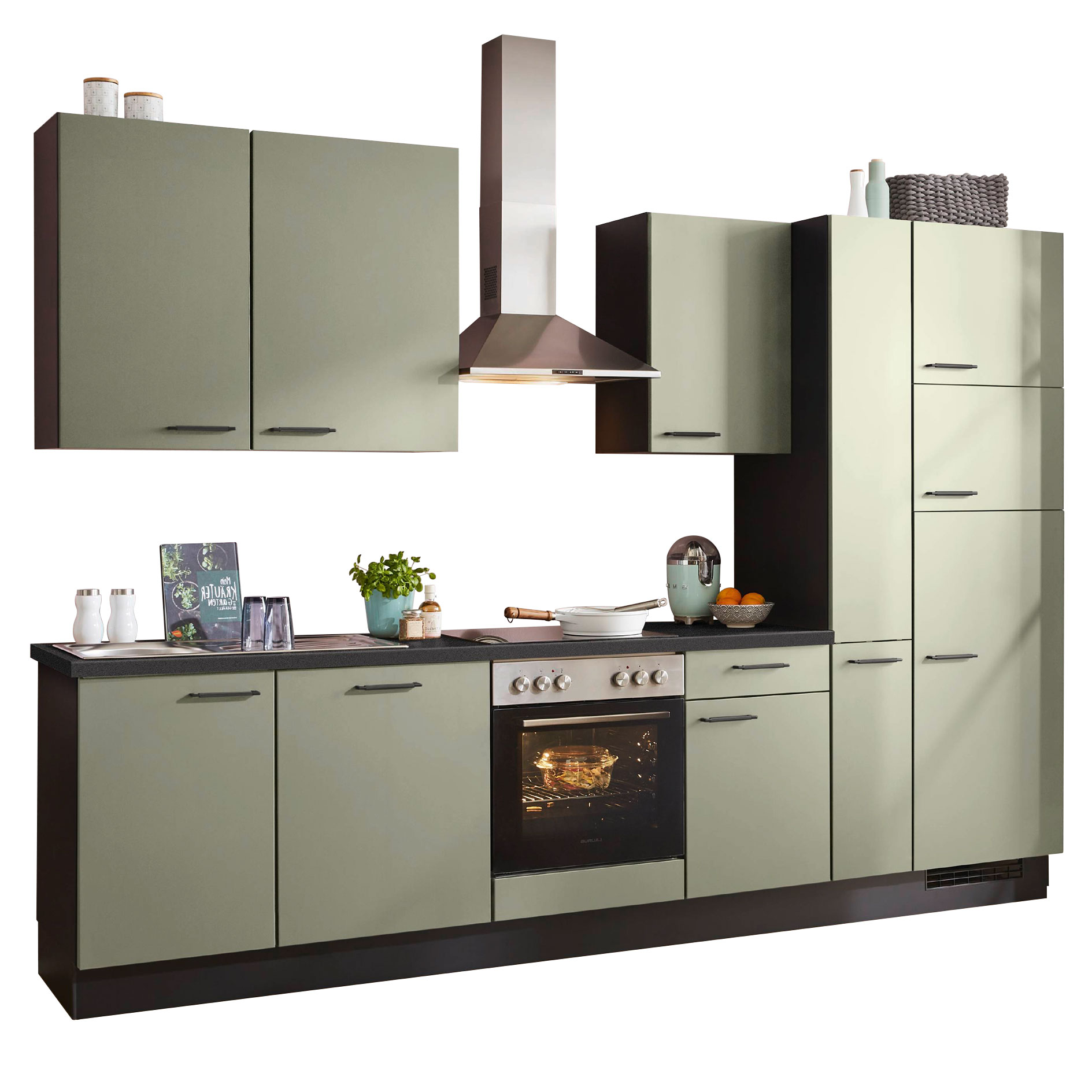 nobilia Küchenblock SENSO - Lack Olive Premium matt - Kühlschrank rechts - 310 cm