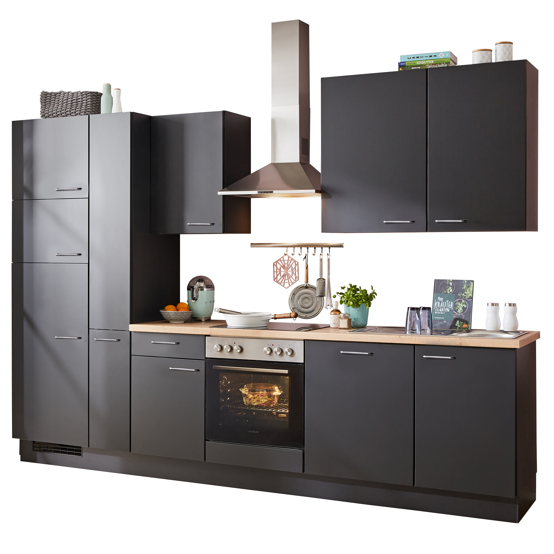 nobilia Küchenblock SENSO - Lack schwarz Premium matt - Kühlschrank links - 310 cm